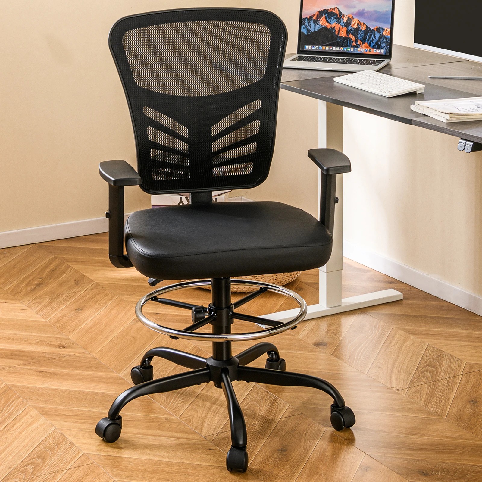 2 Costway Height-adjustable Drafting Chair Swivel Task Chair w/Adjustable Armrests Standing Desk Chair - Black, 2 of 4