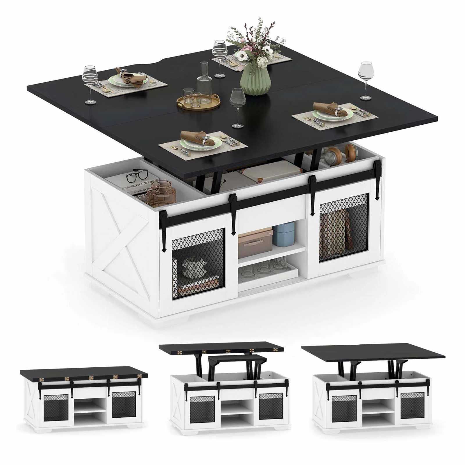 4 Costway Lift Top Coffee Table 3-in-1 Dining Table Farmhouse Center Table, 4 of 4