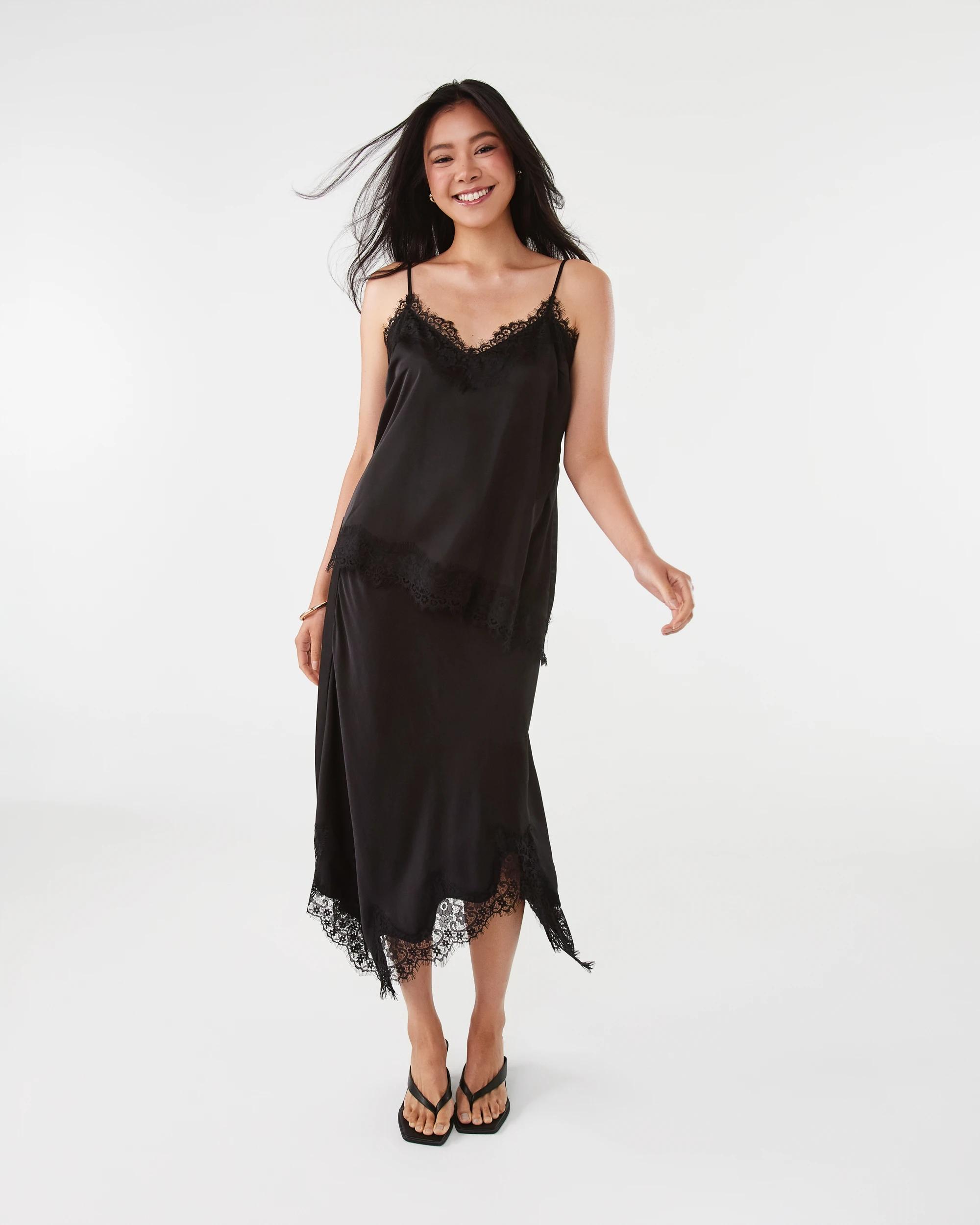 3 Sleeveless Satin Lace Trim Cami Black, 3 of 8