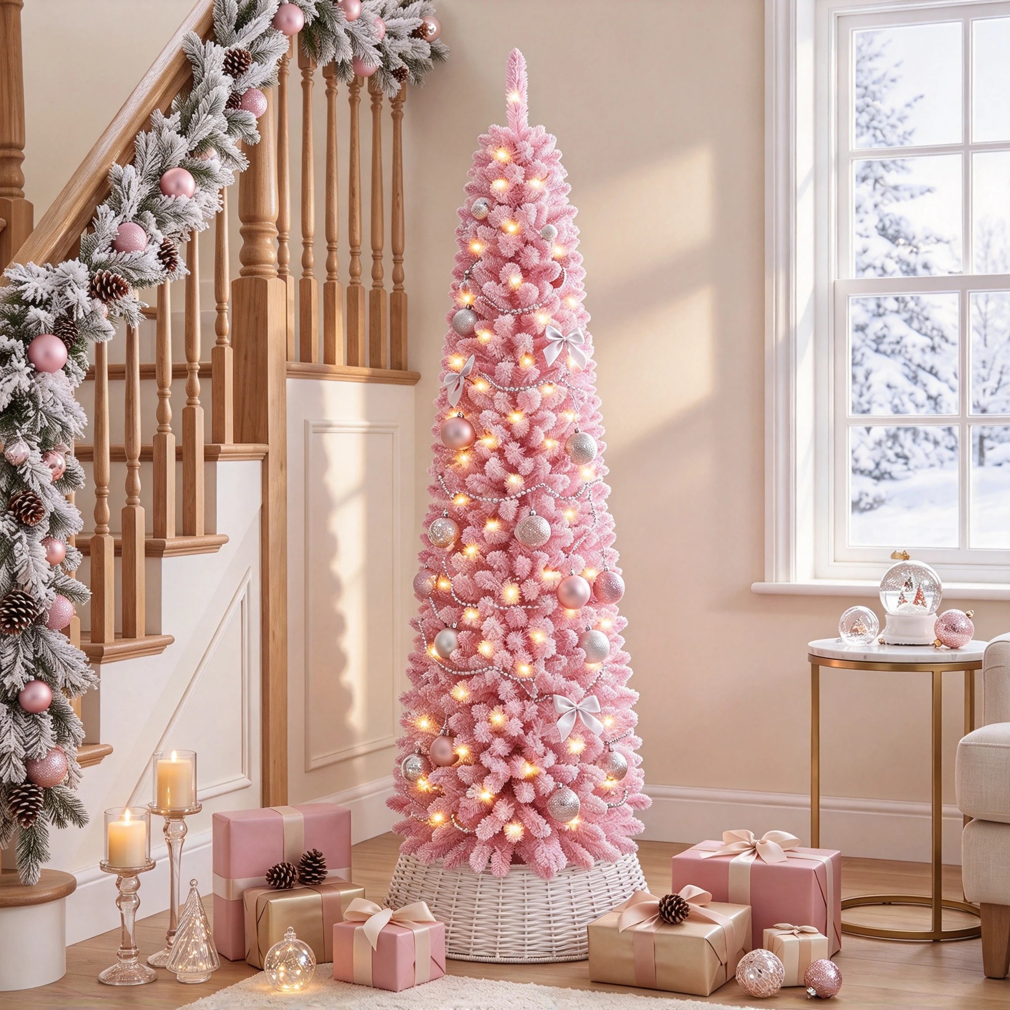 3 Costway 1.8M Pink Flocked Christmas Tree Artificial Pre-Lit Xmas Tree 8 Modes - Pink, 3 of 10