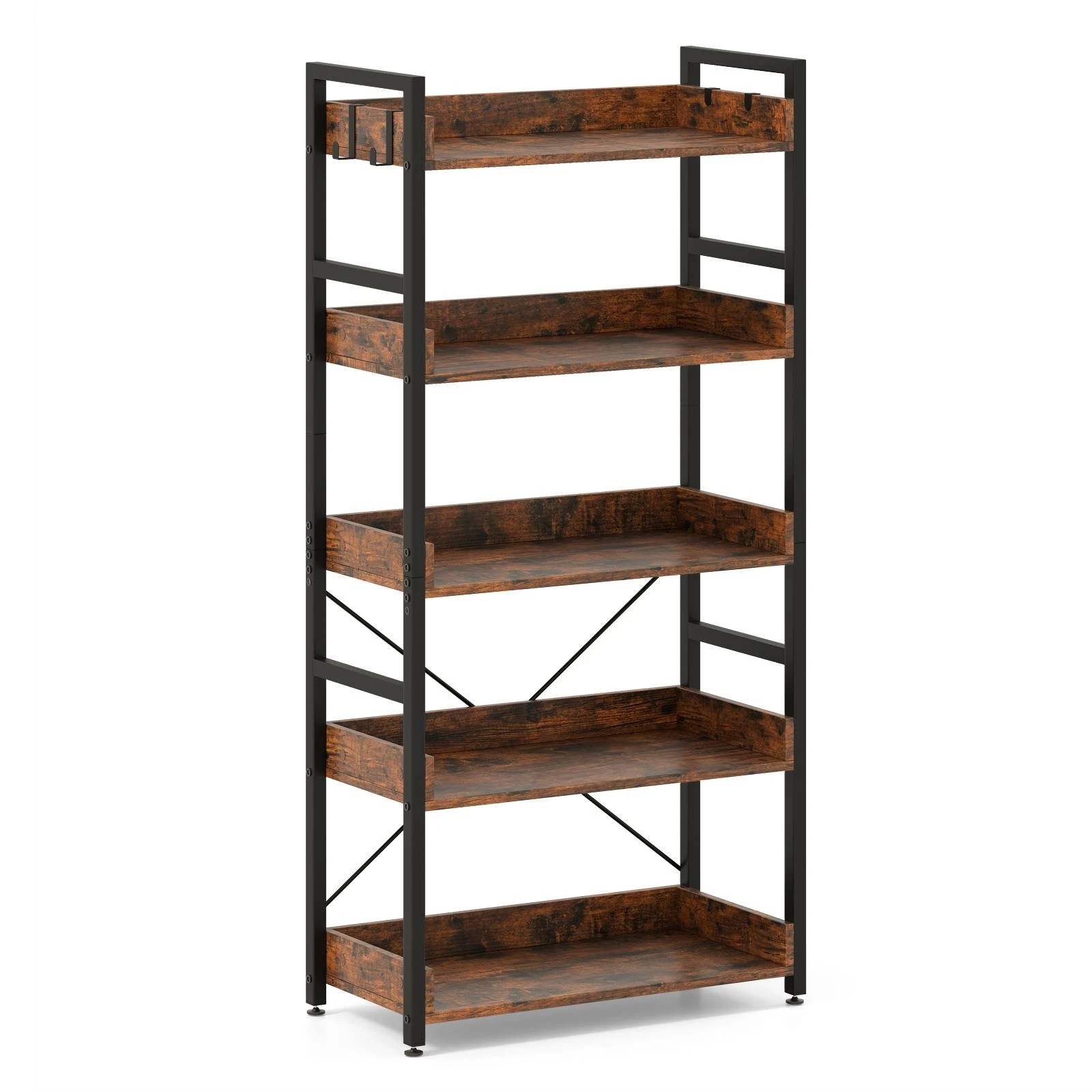 1 Costway 5-Tier Bookshelf w/Hooks Tall Bookcase Corner Storage Rack Display Shelf - Brown, 1 of 4