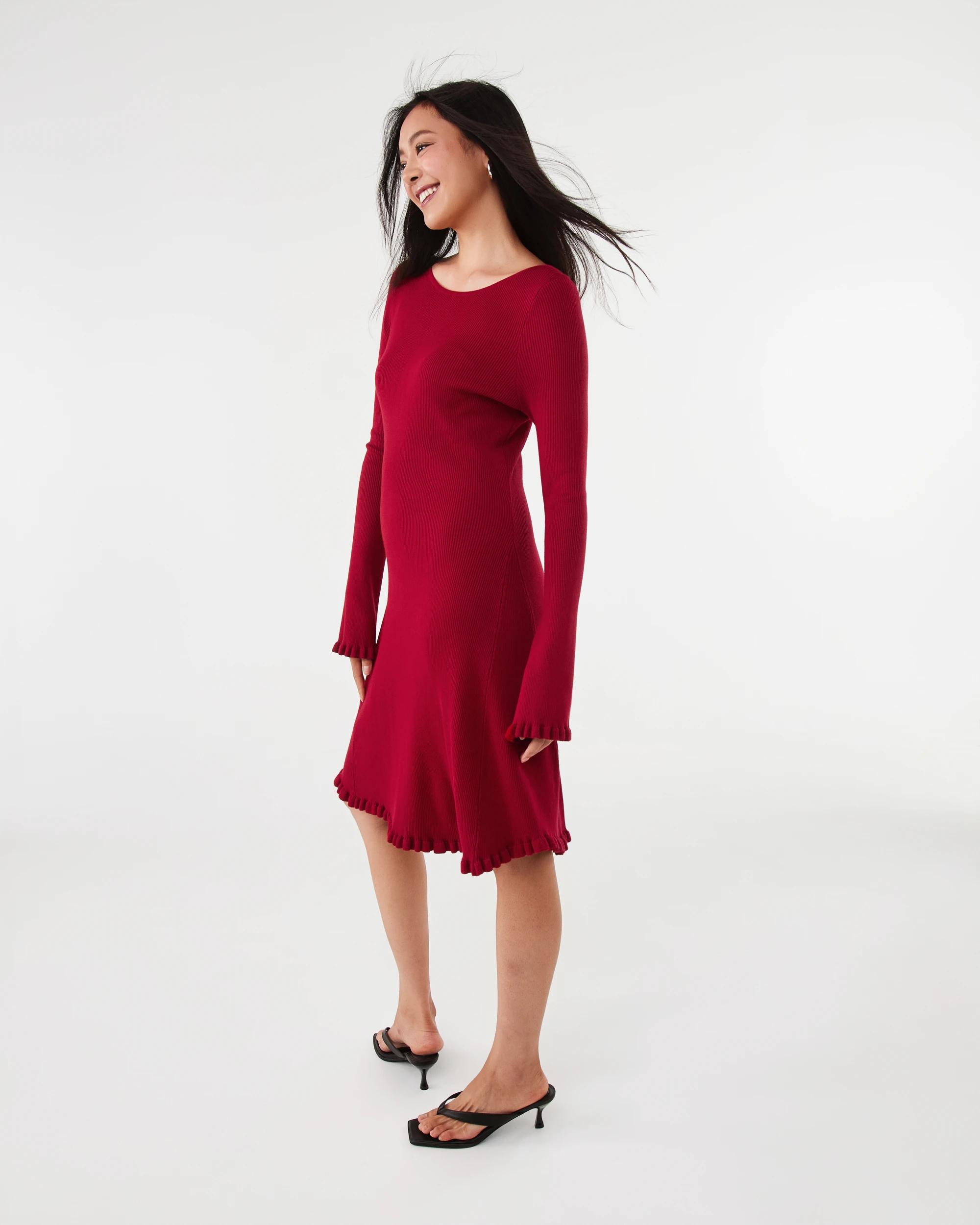 3 Long Sleeve True Knit Frill Detail Mini Dress Spice Red, 3 of 8