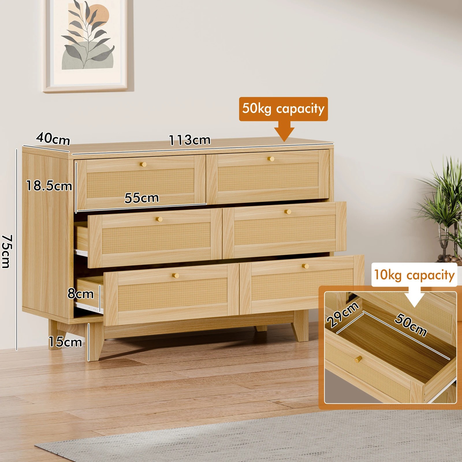 3 Alfordson 6 Chest of Drawers Rattan Storage Cabinet Dresser - Oak, 3 of 10