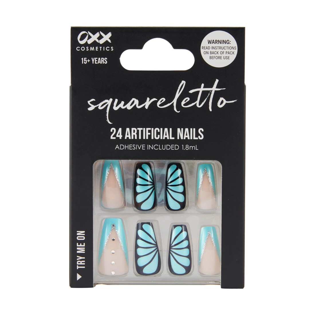 1 OXX Cosmetics 24 Pack Artificial Nails with Adhesive - Squareletto Shape, Butterfly, 1 of 4