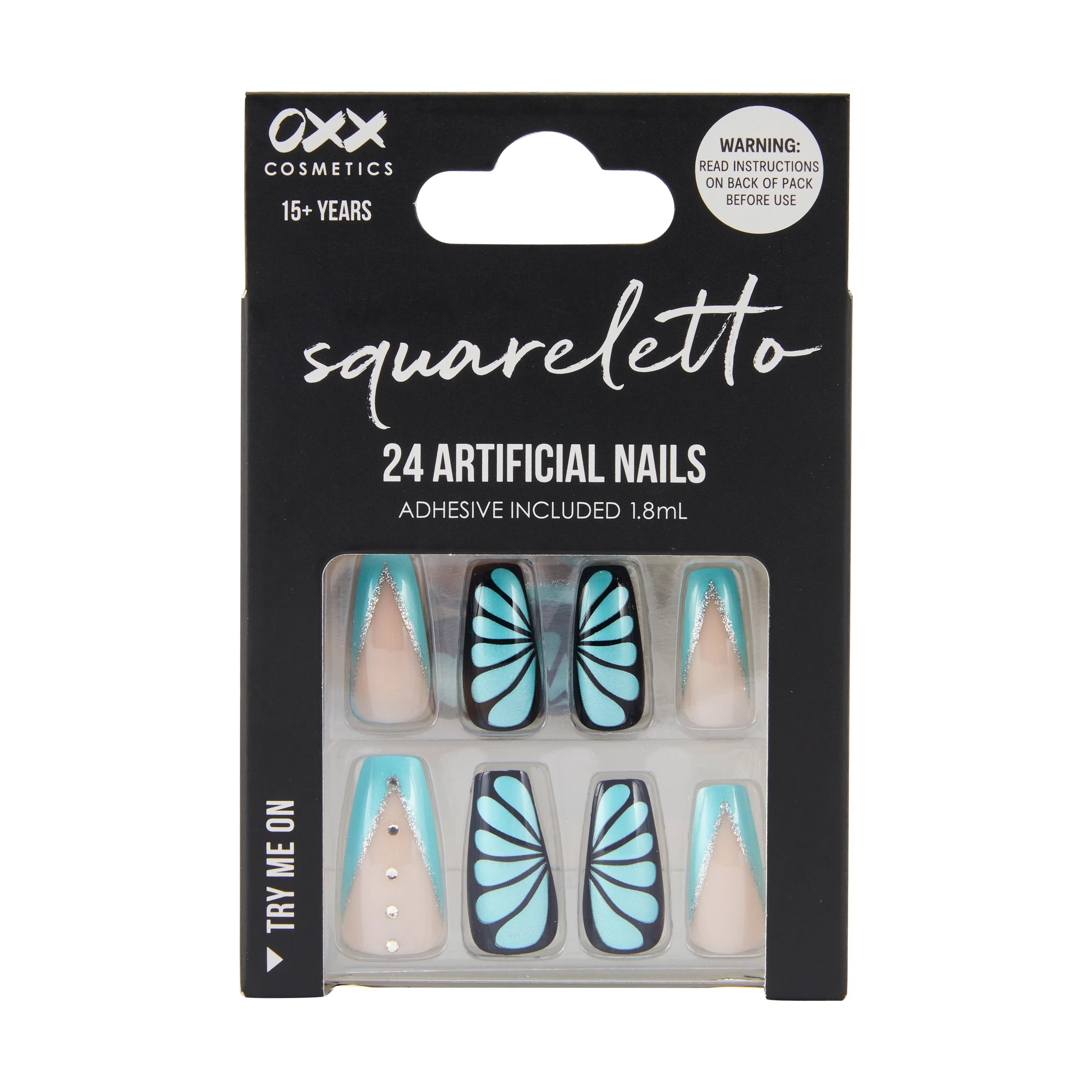 1 OXX Cosmetics 24 Pack Artificial Nails with Adhesive - Squareletto Shape, Butterfly, 1 of 4