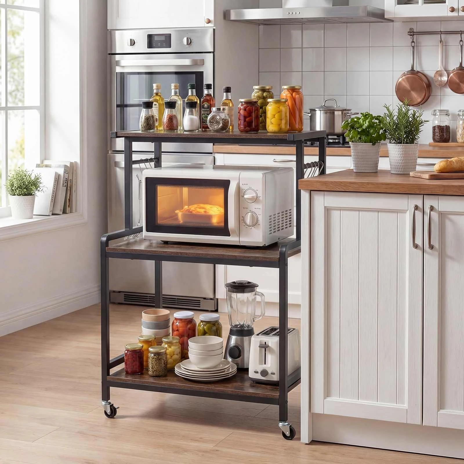3 Costway 3-Tier Kitchen Rolling Utility Cart w/Power Outlets - Brown, 3 of 5