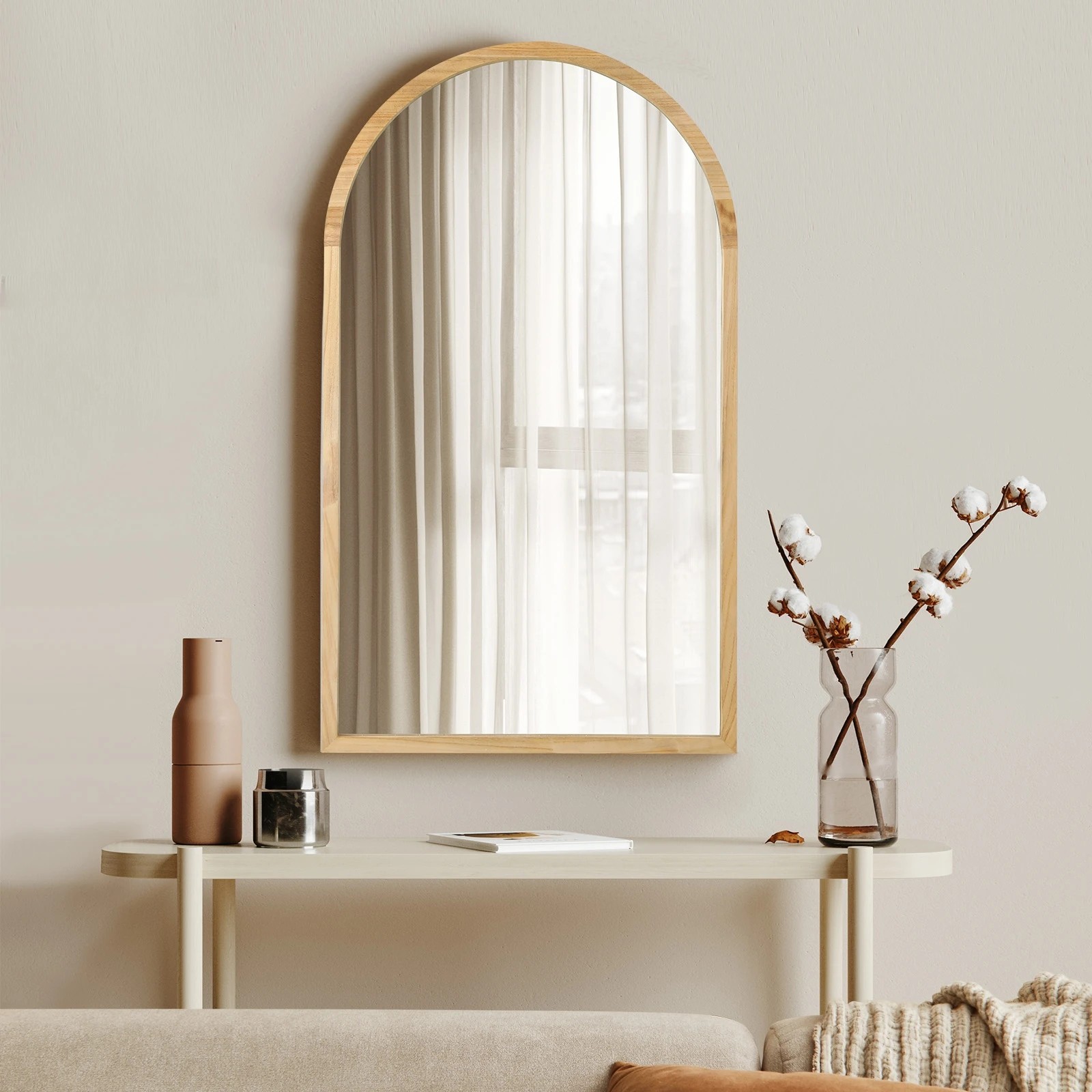 2 Oikiture Arched Wall Mirrors Vanity Home Decor Makeup Mirror 86x50cm Wooden
 - Natural, 2 of 9