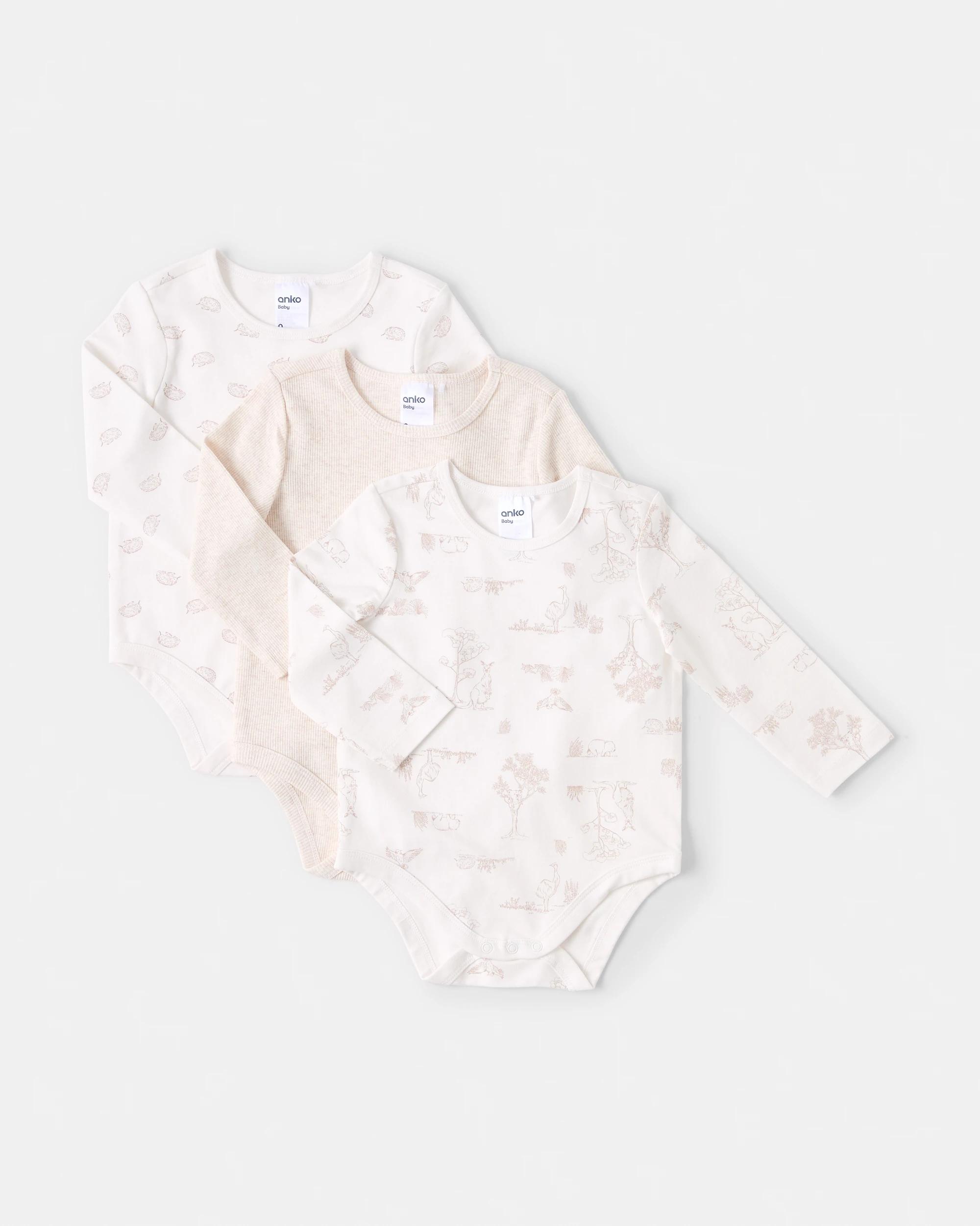 1 3 Pack Cotton Long Sleeve Bodysuits Beig Animl, 1 of 8