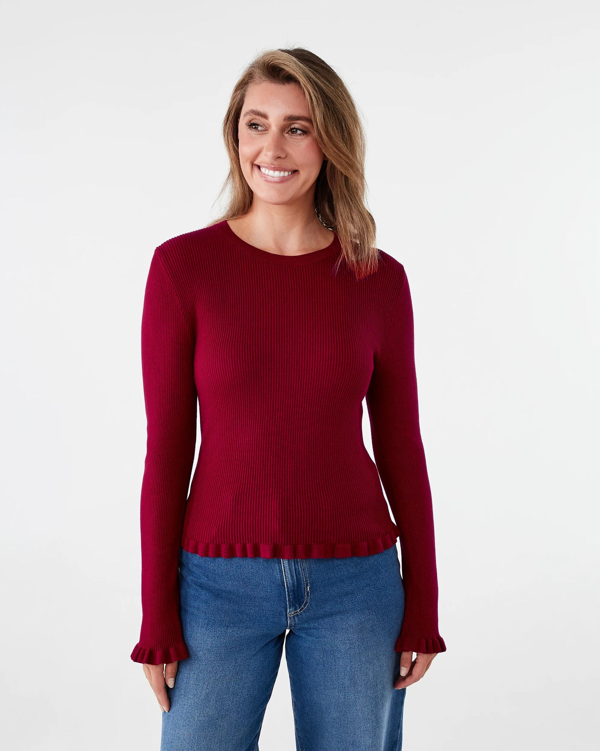 1 Long Sleeve Frill Top Spice Red, 1 of 7