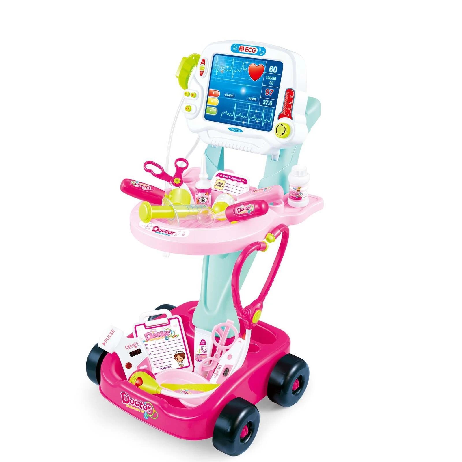 3 Lenoxx Medical Cart With Lights Sounds 17 Accessories Portable Kids Toy 58cm - Pink, 3 of 6