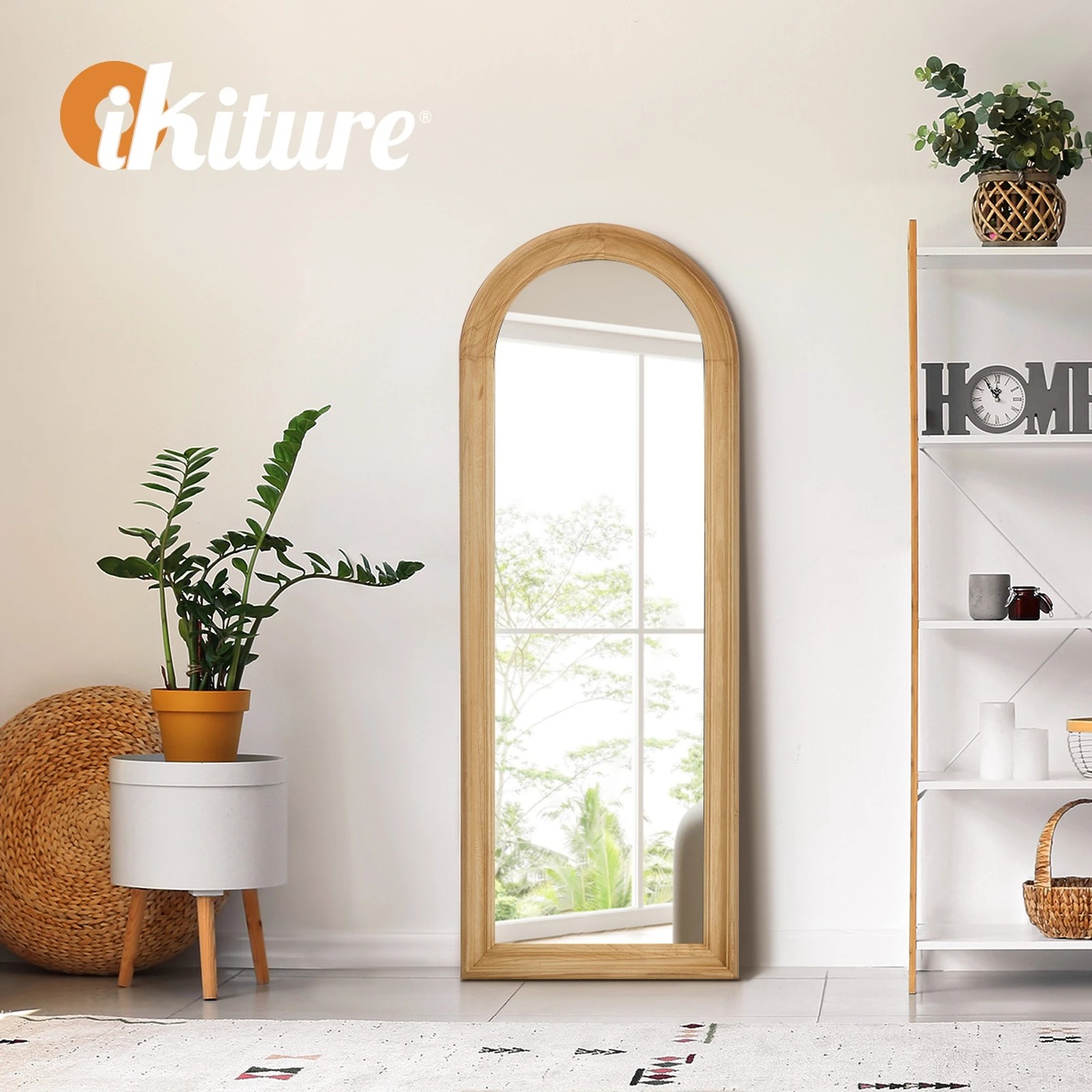 7 Oikiture Full Length Mirror Elegance Arch 165x60cm  Wood Floor Mirrors - Natural, 7 of 10