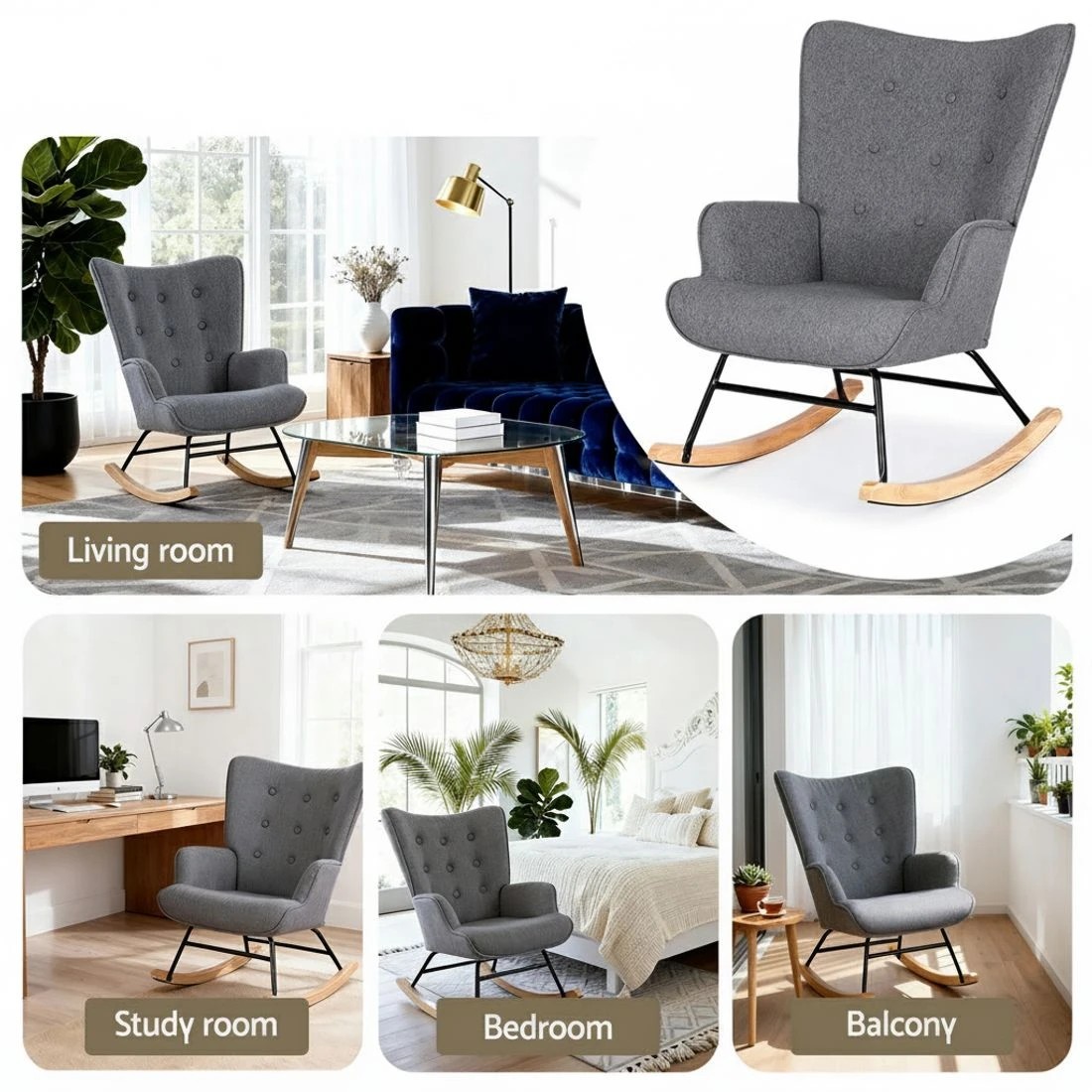 6 Artiss Rocking Chair Armchair Nursing Boucle Fabric - Grey, 6 of 6