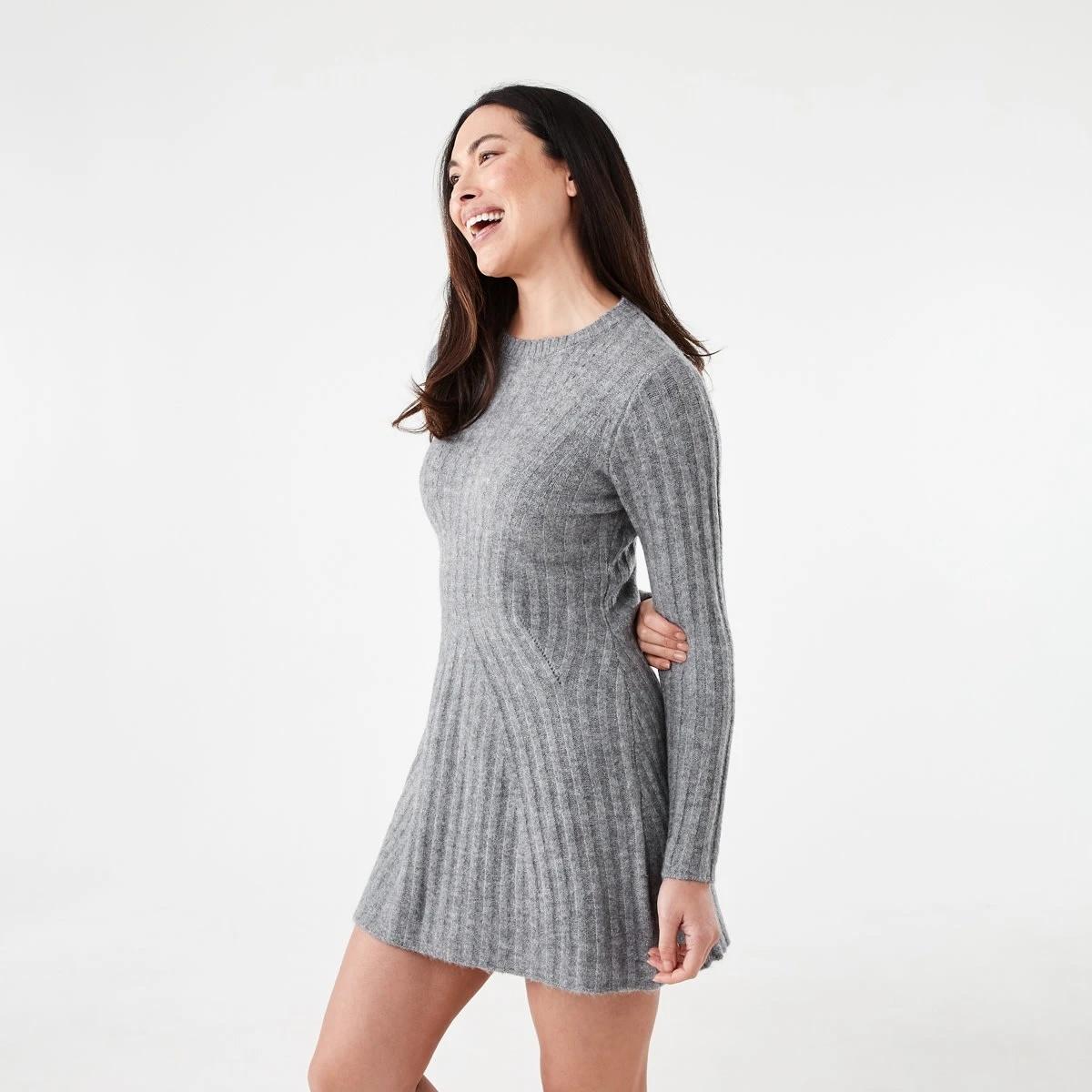 2 Long Sleeve Rib True Knit Skater Mini Dress Grey Marle, 2 of 7