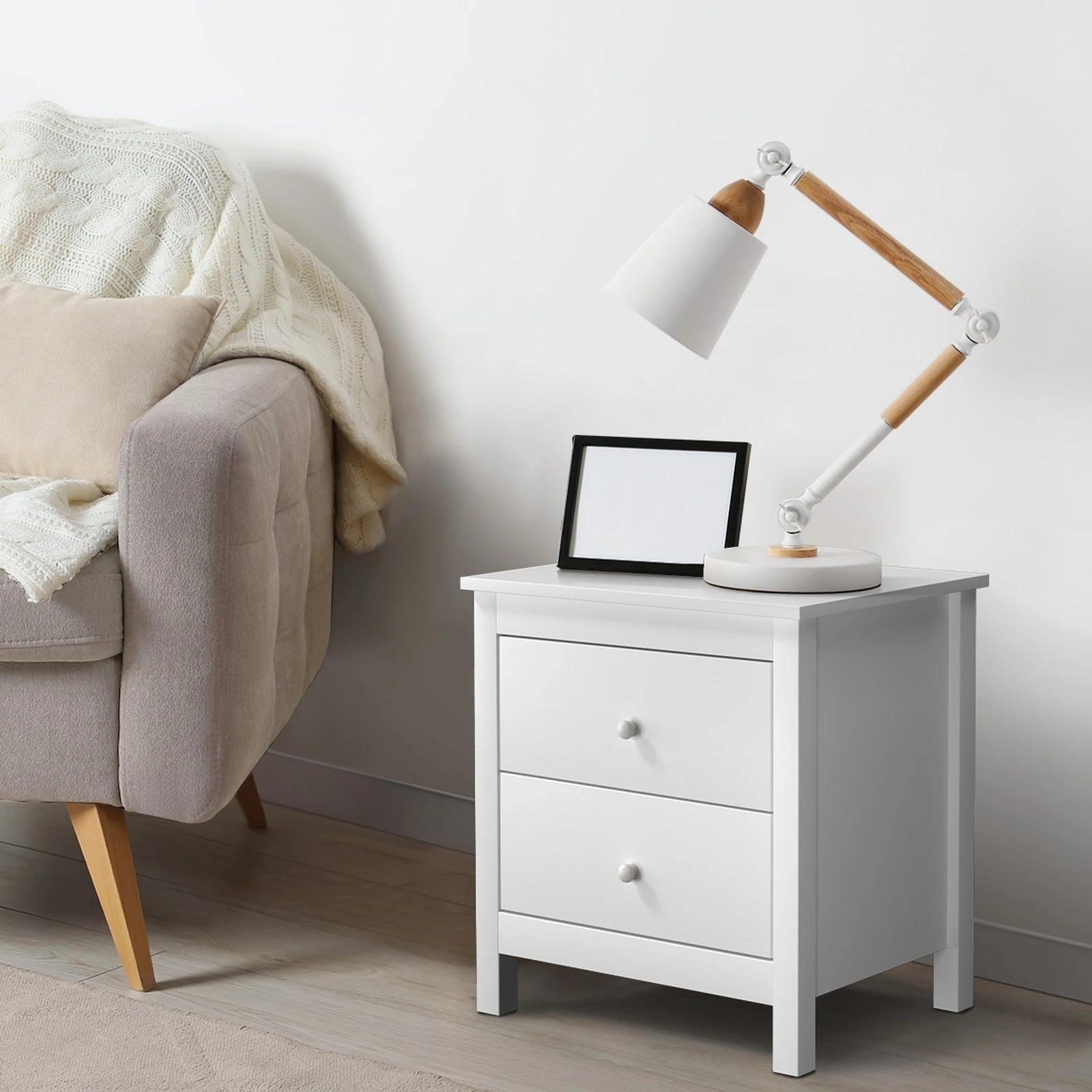 3 Oikiture Bedside Tables Set of 2 Nightstand Side Table Storage Cabinet 2 Drawers - White, 3 of 9