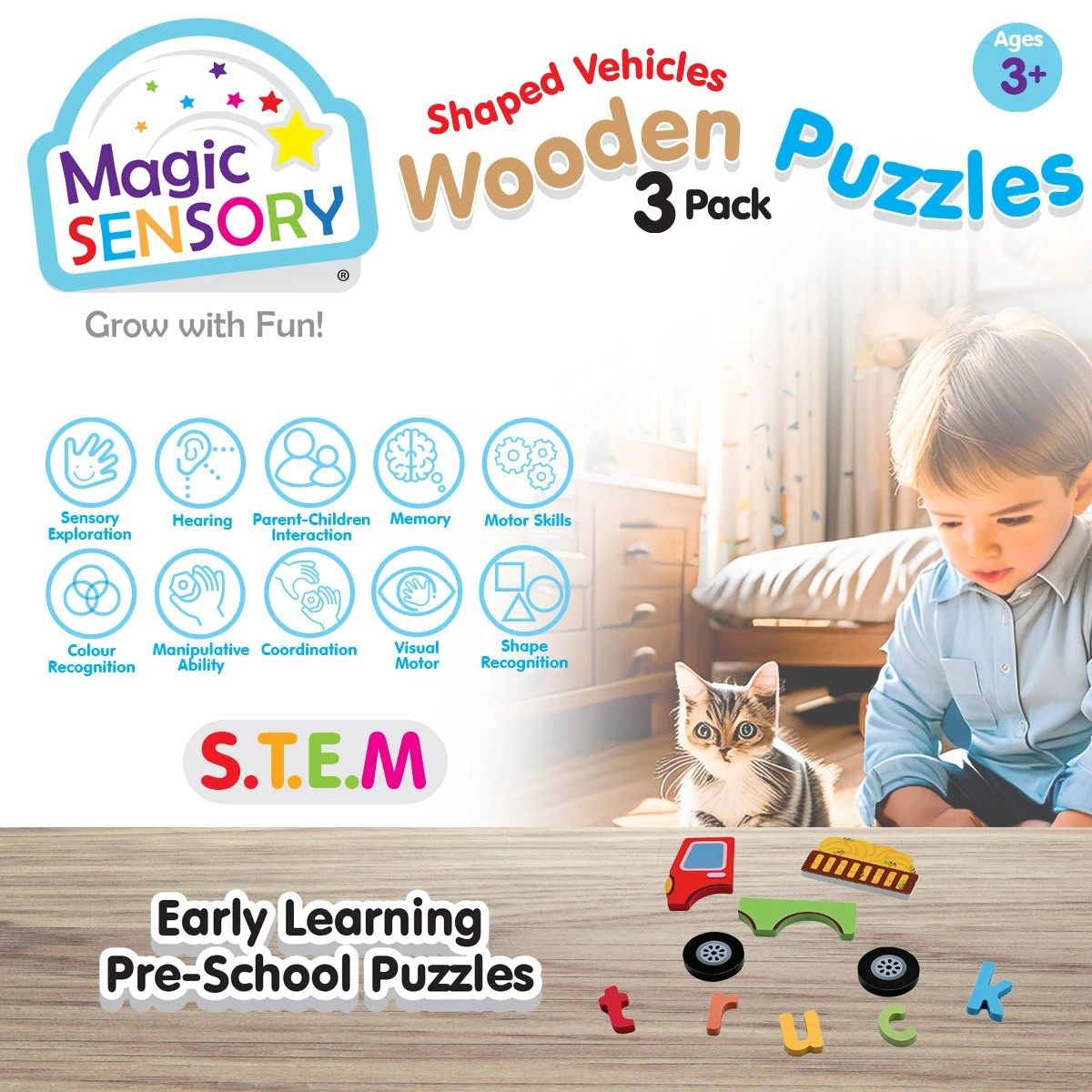 2 Magic Sensory Shaped Vehicles Wooden Puzzles Triple Pack, 2 of 5