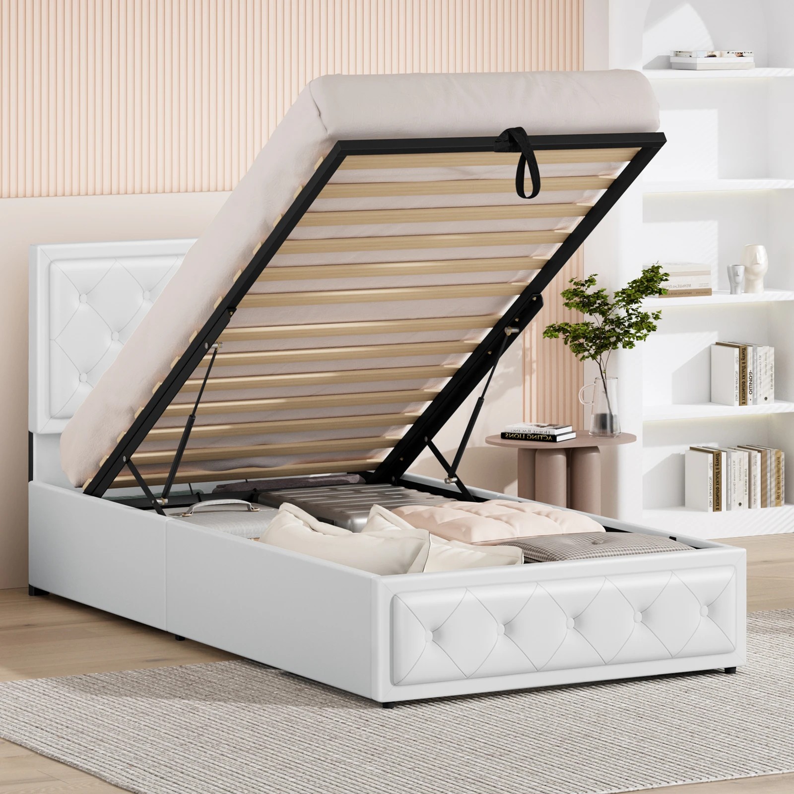 4 Alfordson Bed Frame Single Size Gas Lift Storage Mattress Base Leather Dinana - White, 4 of 10