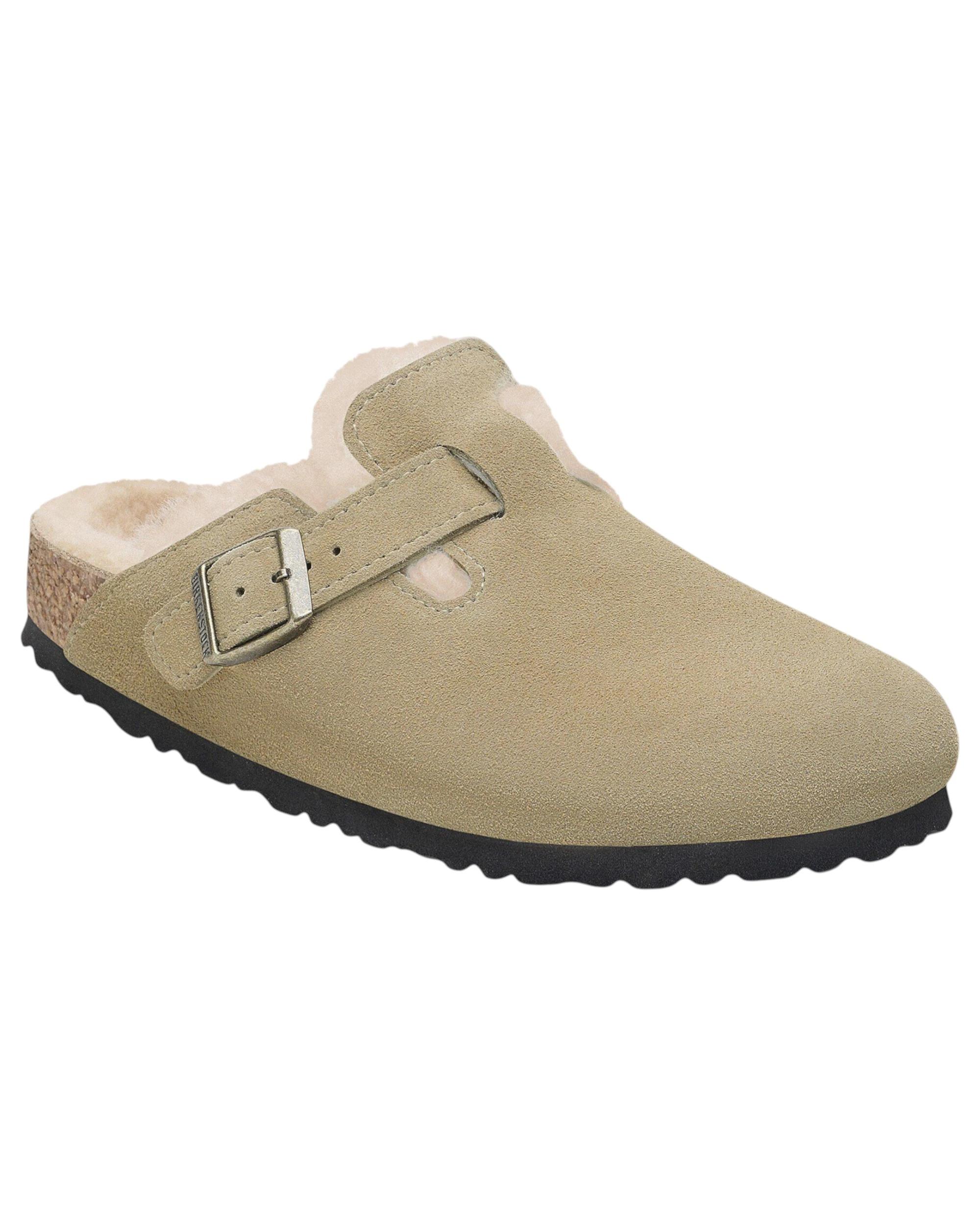 1 Birkenstock Womens Boston Shearling Suede Leather Narrow Slip On Sandals TAUPE, 1 of 8