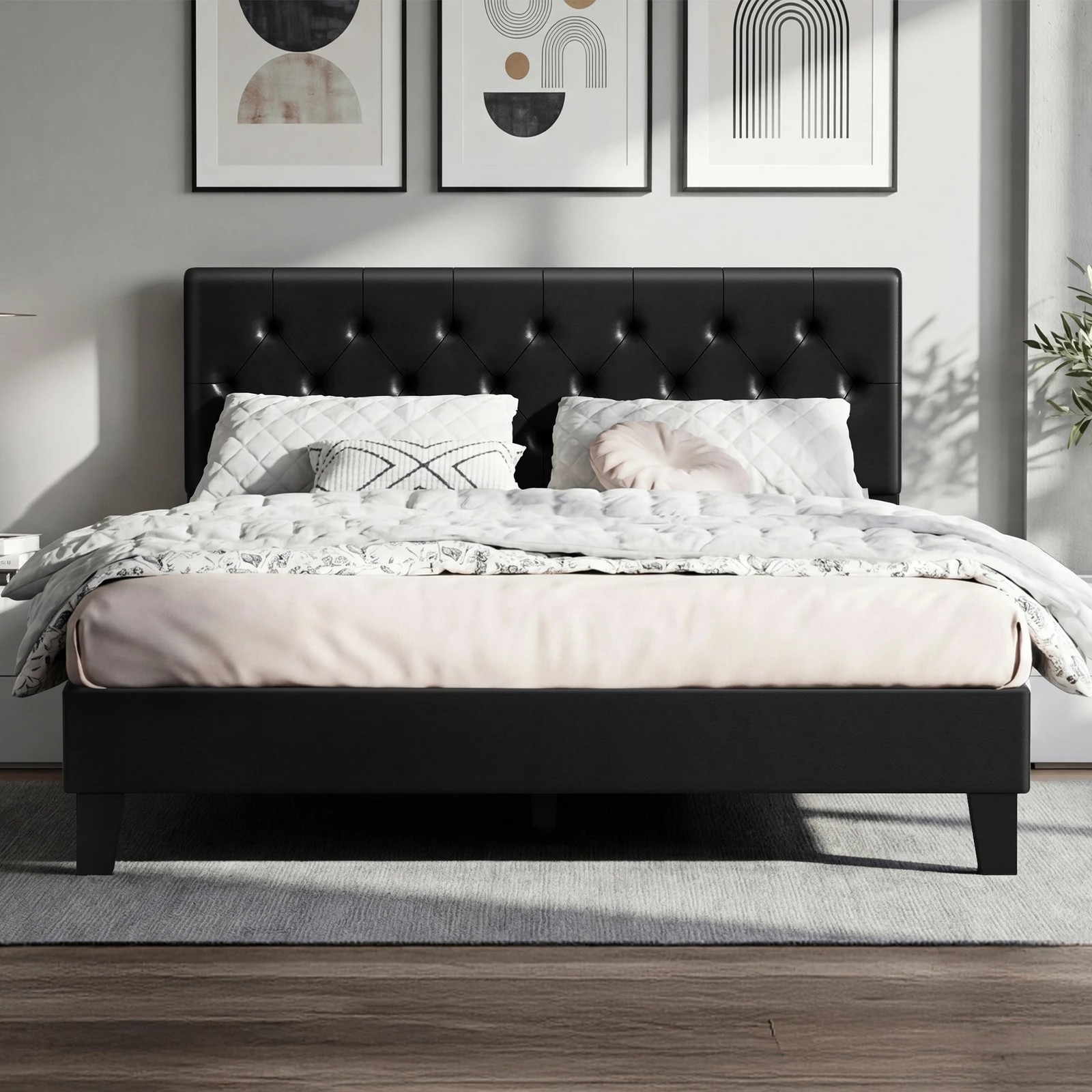 2 Alfordson Bed Frame Queen Size Tufted Headboard Modern Leather Meduna - Black, 2 of 9