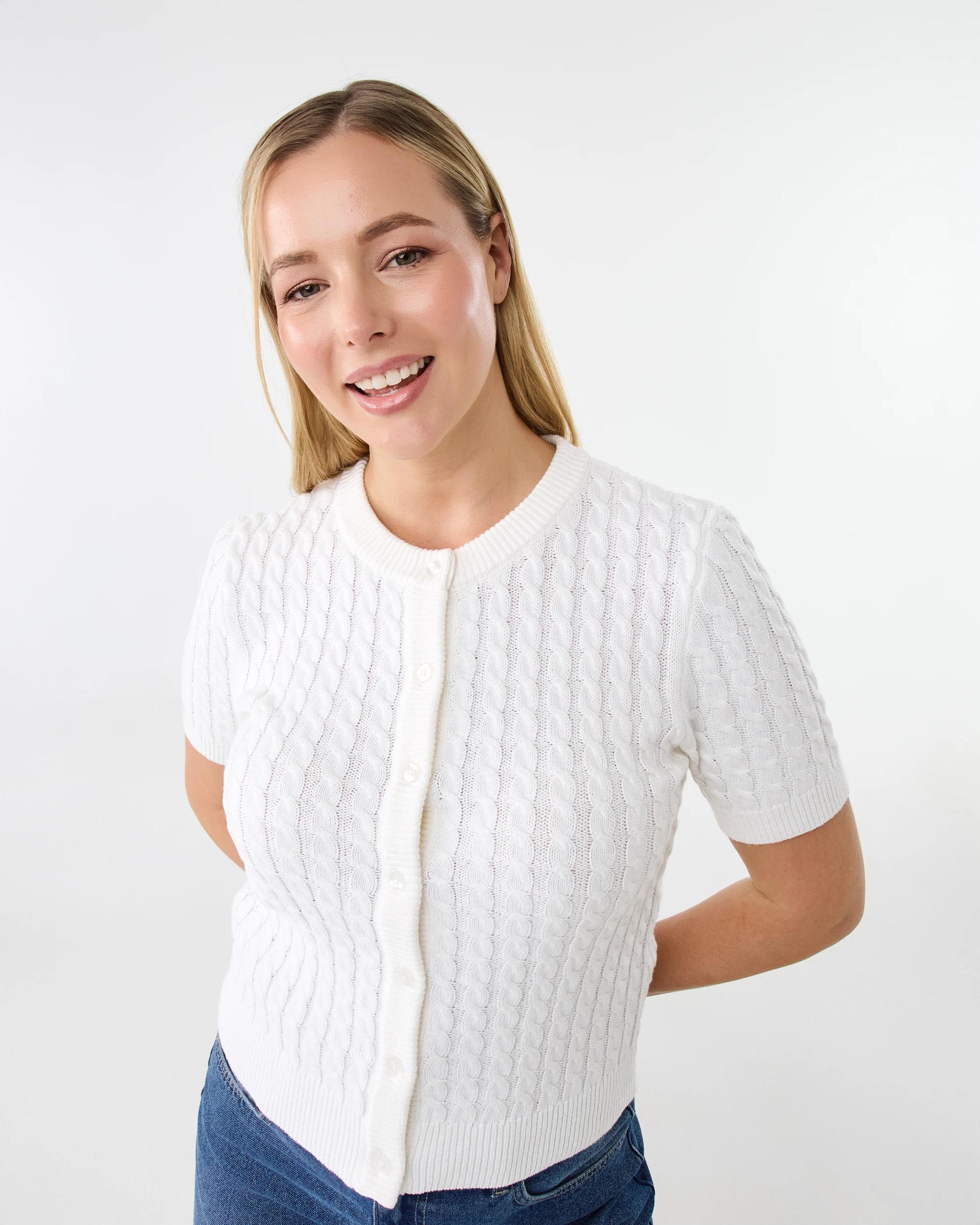 4 Short Sleeve Lightweight Cable Cardigan Cld White, 4 of 7