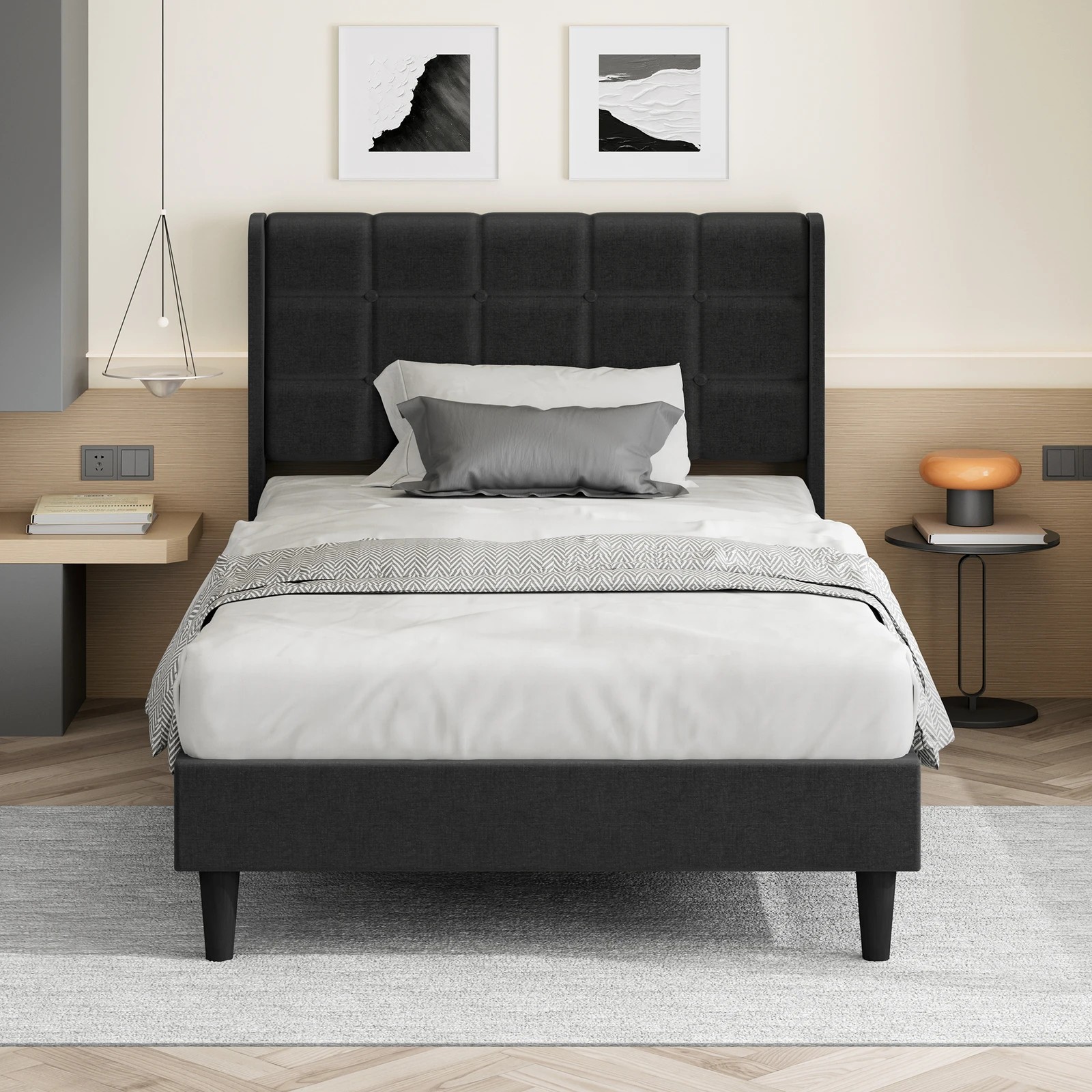 3 Alfordson Bed Frame Single Size Upholstered Wingback Base Fabric Sarah - Charcoal, 3 of 10