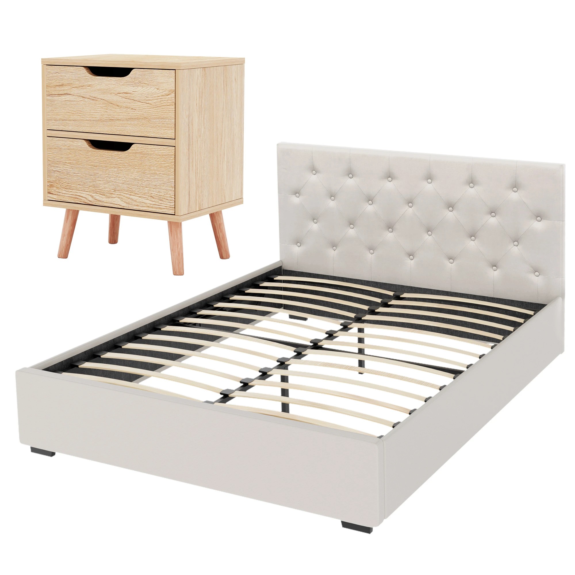3 Artiss Double Bed Frame with Storage and Bedside Table Set Tufted Gas Lift Bed Base and 2-Drawer Nightstand - Multi, 3 of 8