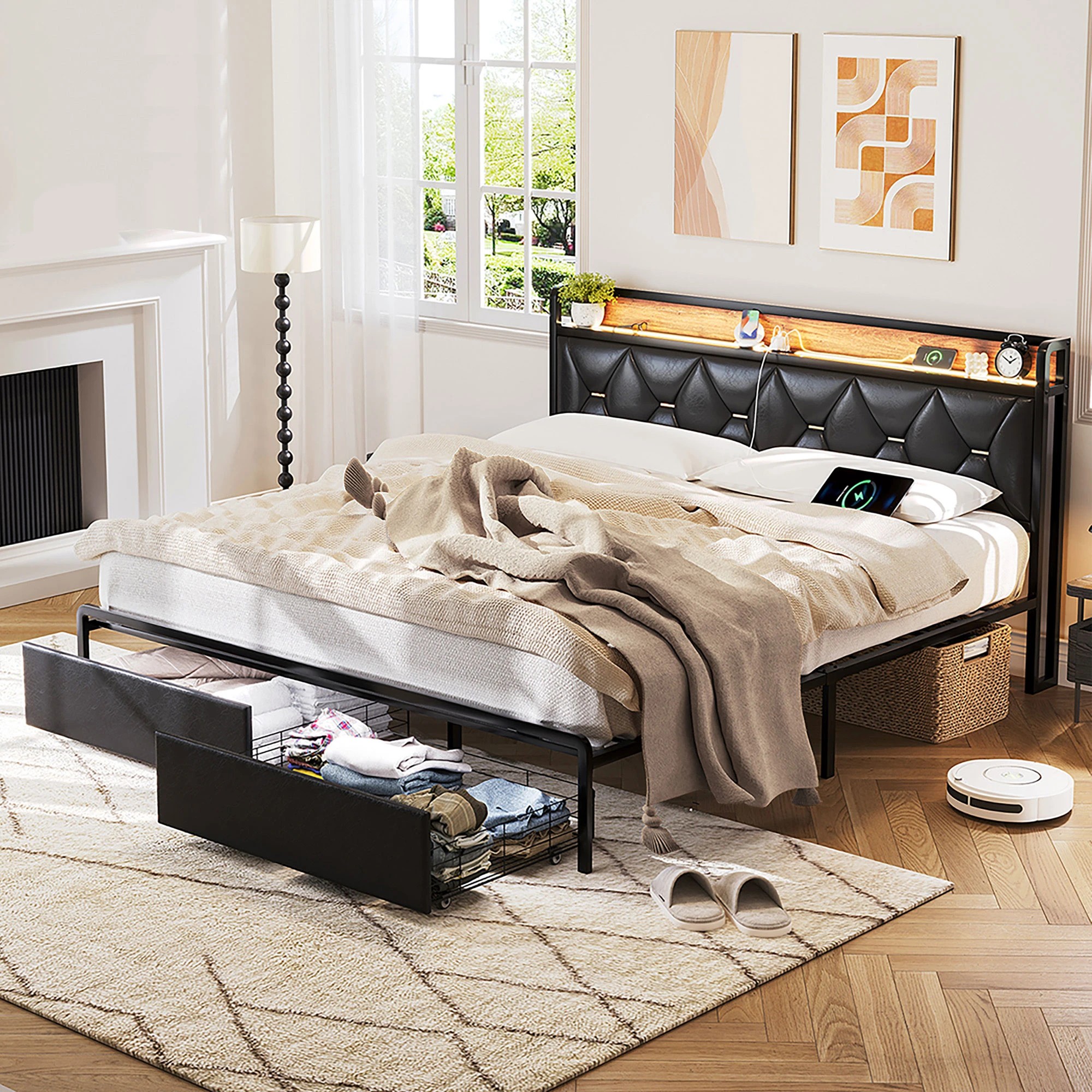 7 Levede King Bed Frame PU with LED and Charging Station - Black, 7 of 9