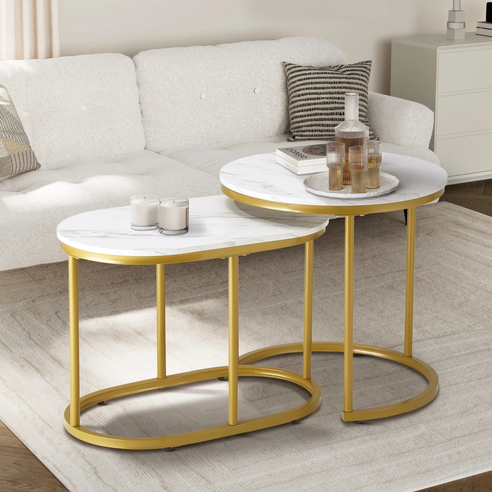 2 Oikiture Set Of 2 Coffee Table Round Oval Marble-like Nesting Side Tables
 - Multi, 2 of 10