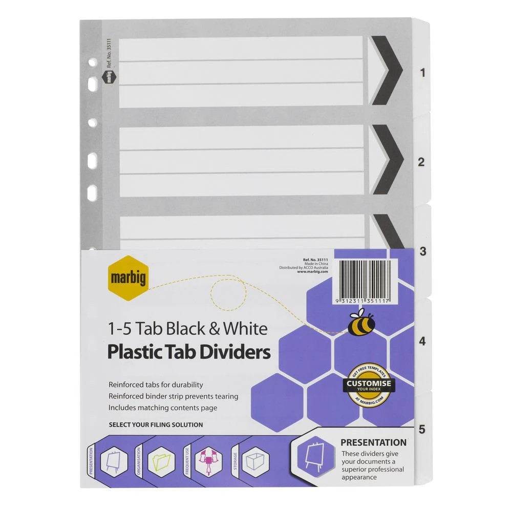 2 Marbig Reinforced A4 1-5 Tab Divider Black and White, 2 of 2