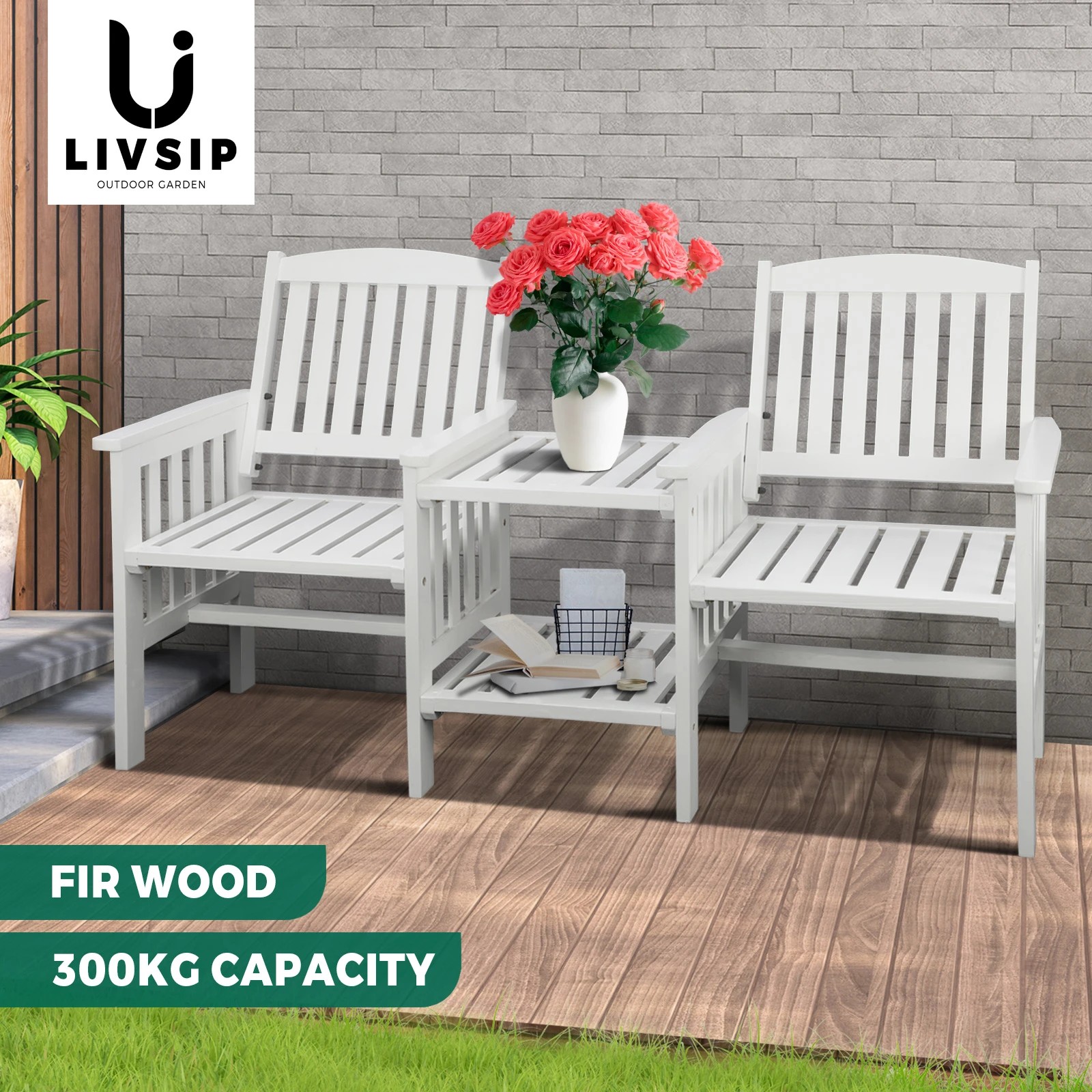 3 Livsip Garden Bench Wooden Outdoor Table & Chair Set - White, 3 of 10