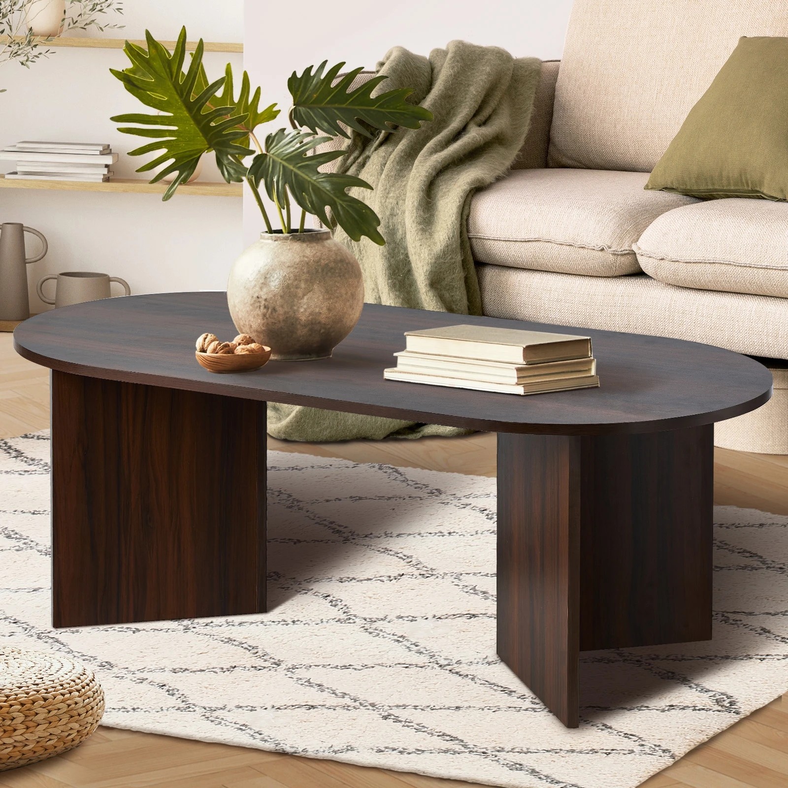 2 Oikiture Coffee Table Sofa End Table Oval Side Cafe Desk Timber
 - Brown, 2 of 10