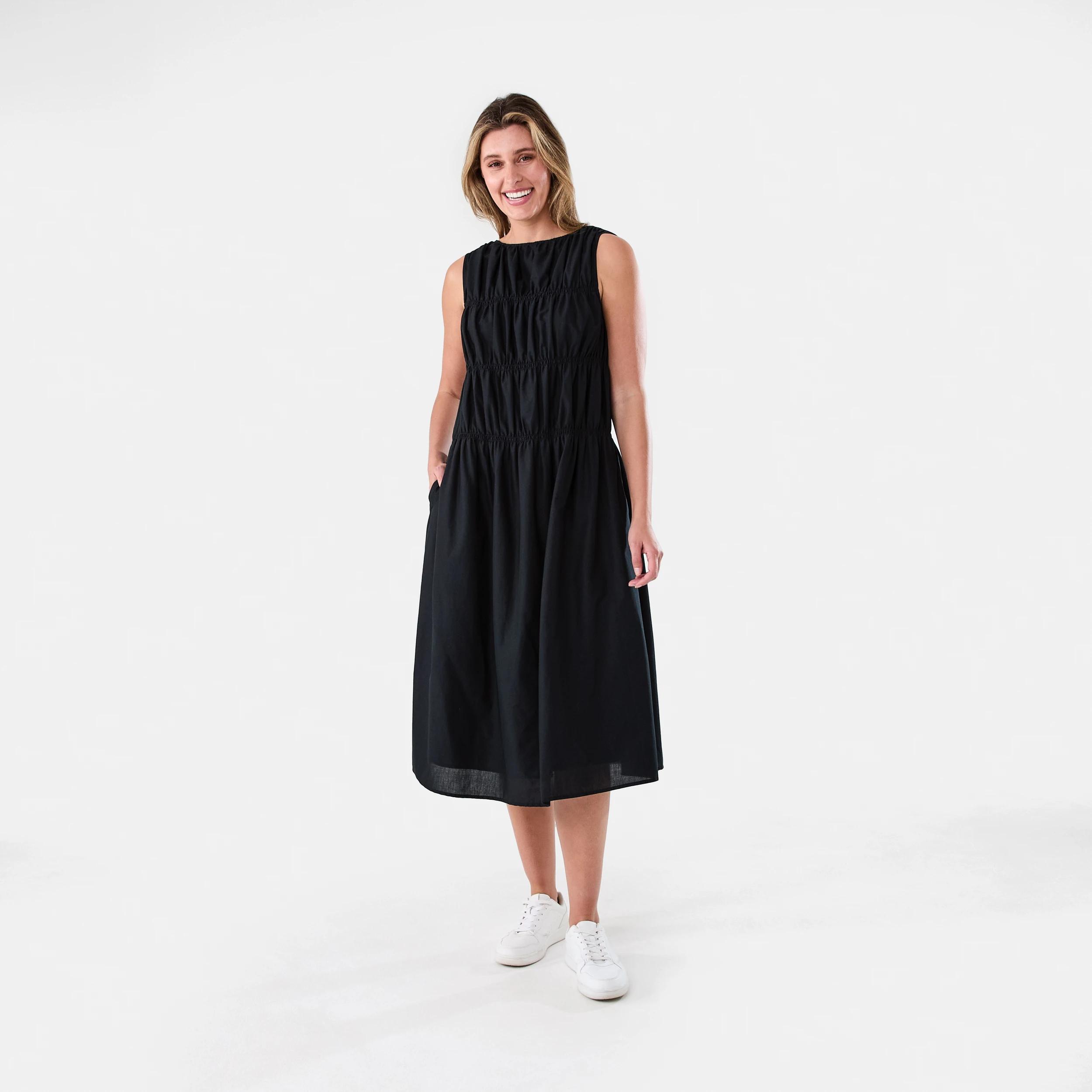 1 Sleeveless Cotton Shirred Midi Dress Black, 1 of 6