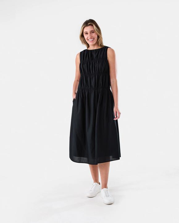 Sleeveless Cotton Shirred Midi Dress