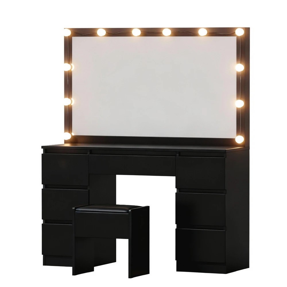 1 Artiss Dressing Table Vanity Desk Set Stool 12 Led Bulbs - Black, 1 of 8