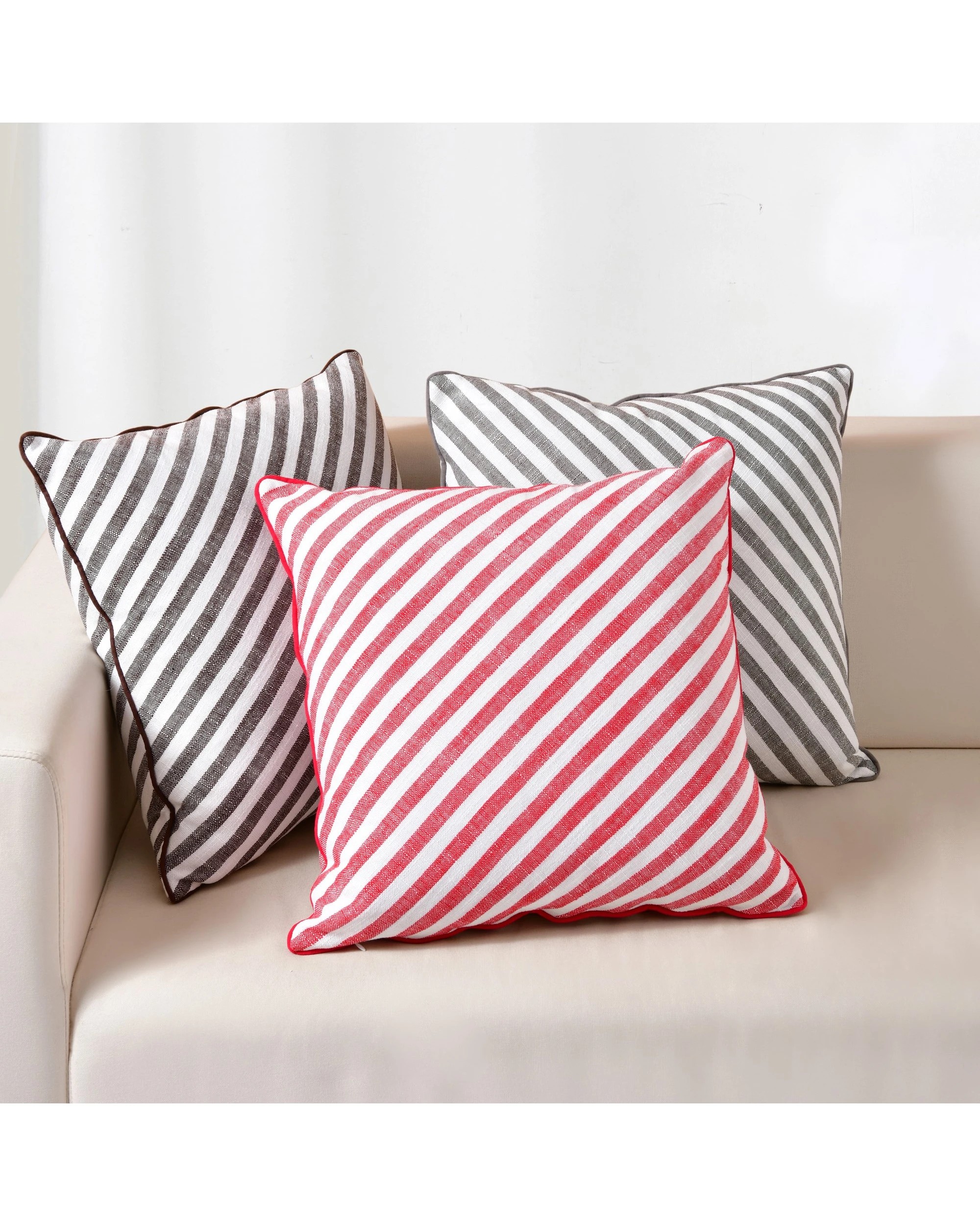 4 Cadence & Co. Oscar Faux Linen Striped Cushion - Red, 4 of 5
