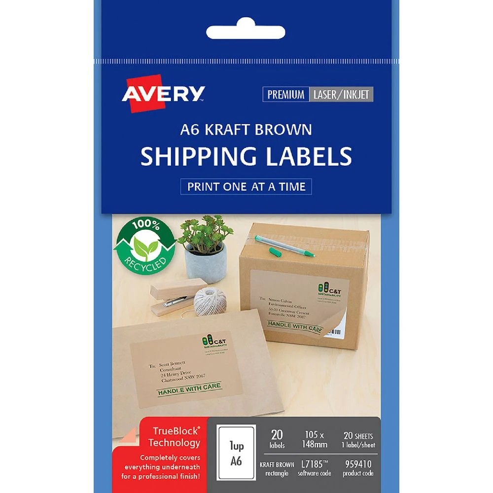 1 Avery 1UP A6 Inkjet Laser Shipping Labels Kraft 20 Sheets, 1 of 4