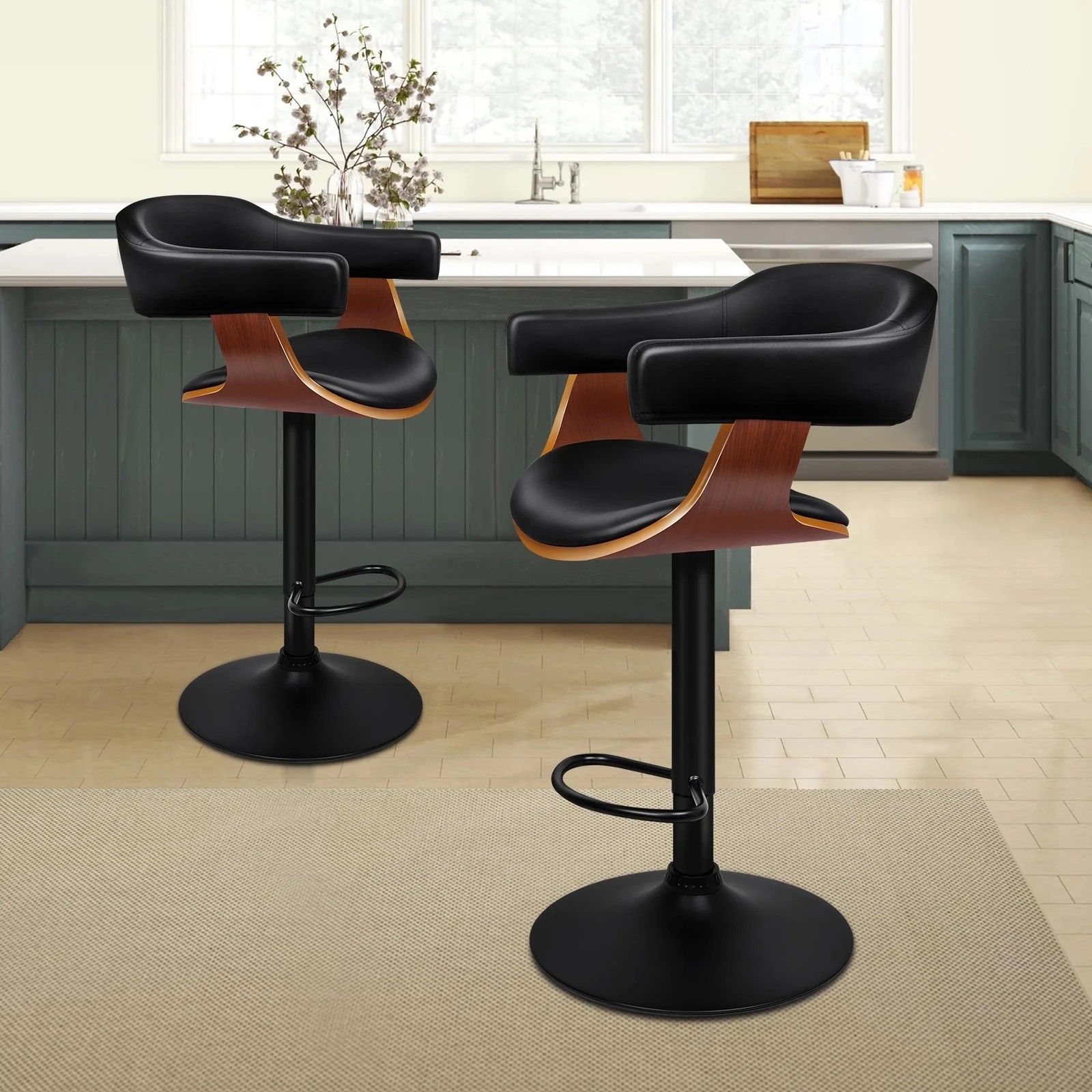 2 Alfordson 2x Bar Stool Joan Kitchen Swivel Chair Wooden Leather Gas Lift - Black, 2 of 10