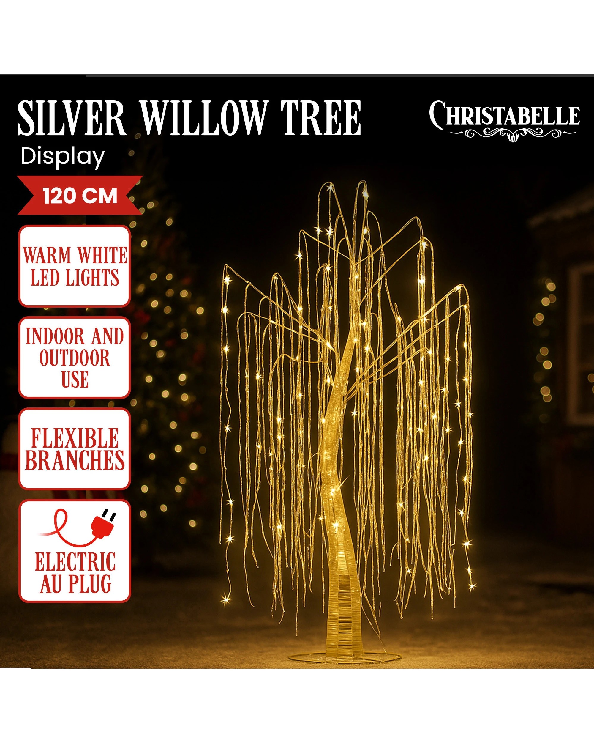 8 Christabelle Silver Willow Tree 120cm Christmas Display Warm White Led Lights Flexible Branches And Hanging Strands, 8 of 8