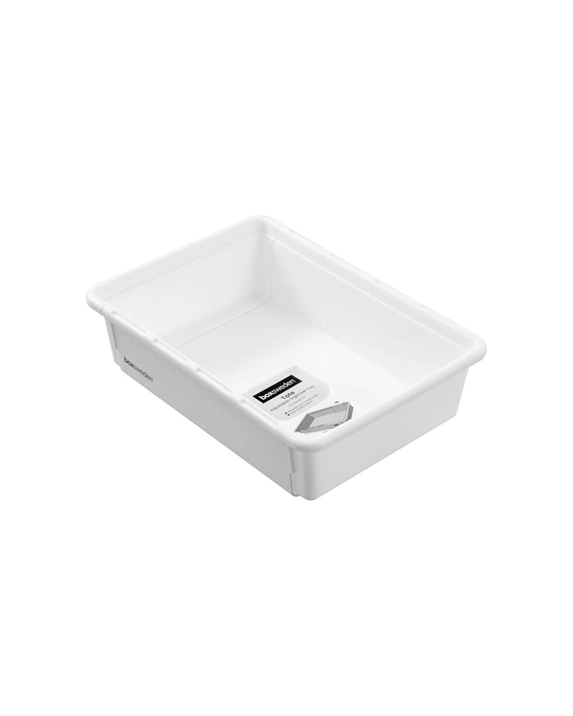 1 Boxsweden Adjustable Drawer Tote Organiser Sleek Tray 25-38x18x7cm - White, 1 of 6