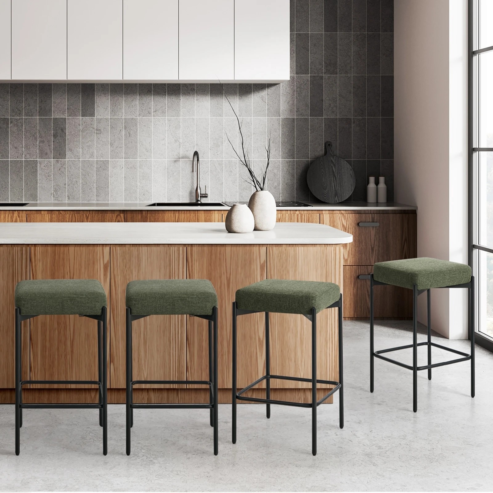 3 Oikiture 4x Bar Stools Kithen Counter Stool Dining Chair Linen Seat Metal - Green, 3 of 9
