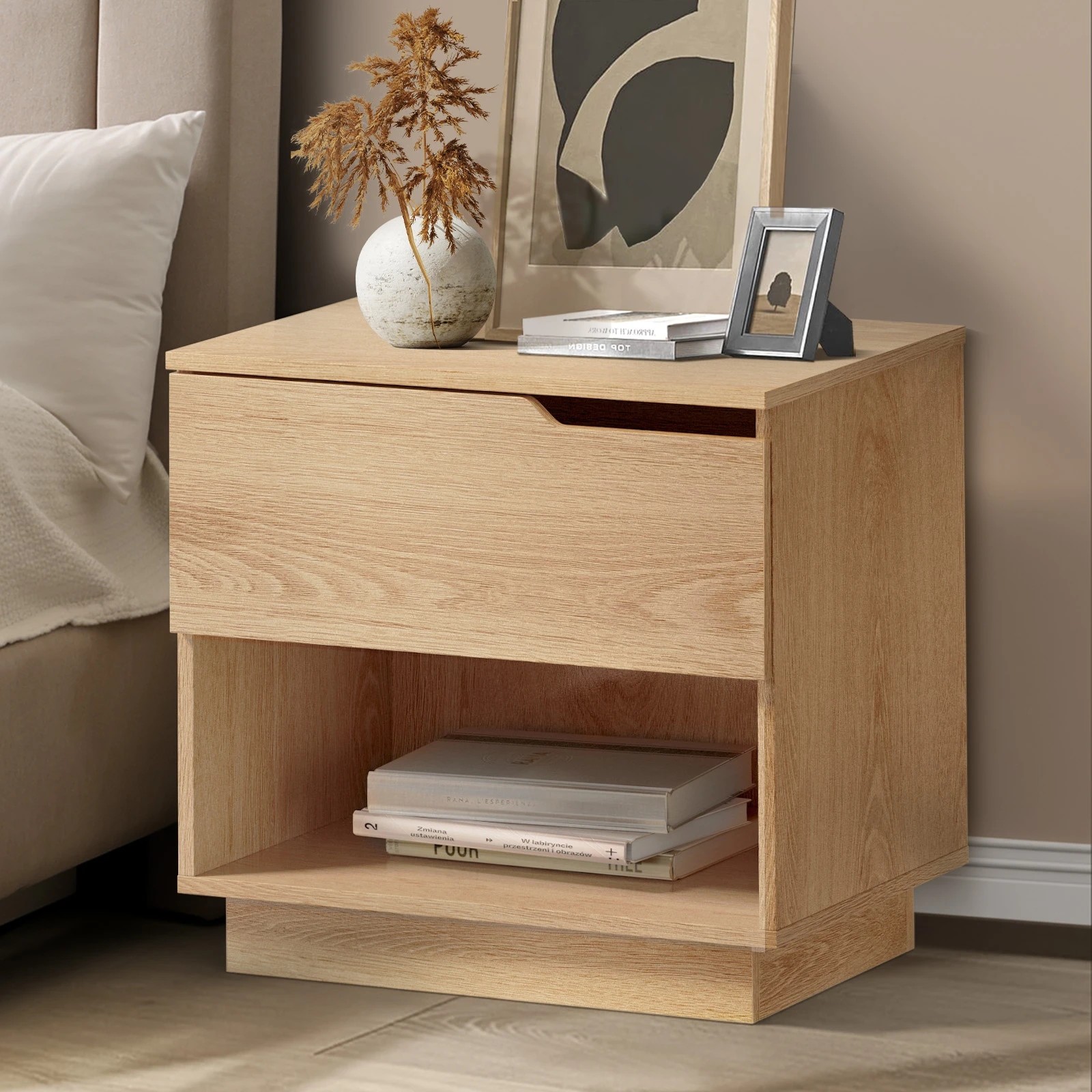 1 Oikiture Bedside Table 1 Drawer Storage Shelf Nightstand Side Cabinet - Natural, 1 of 9