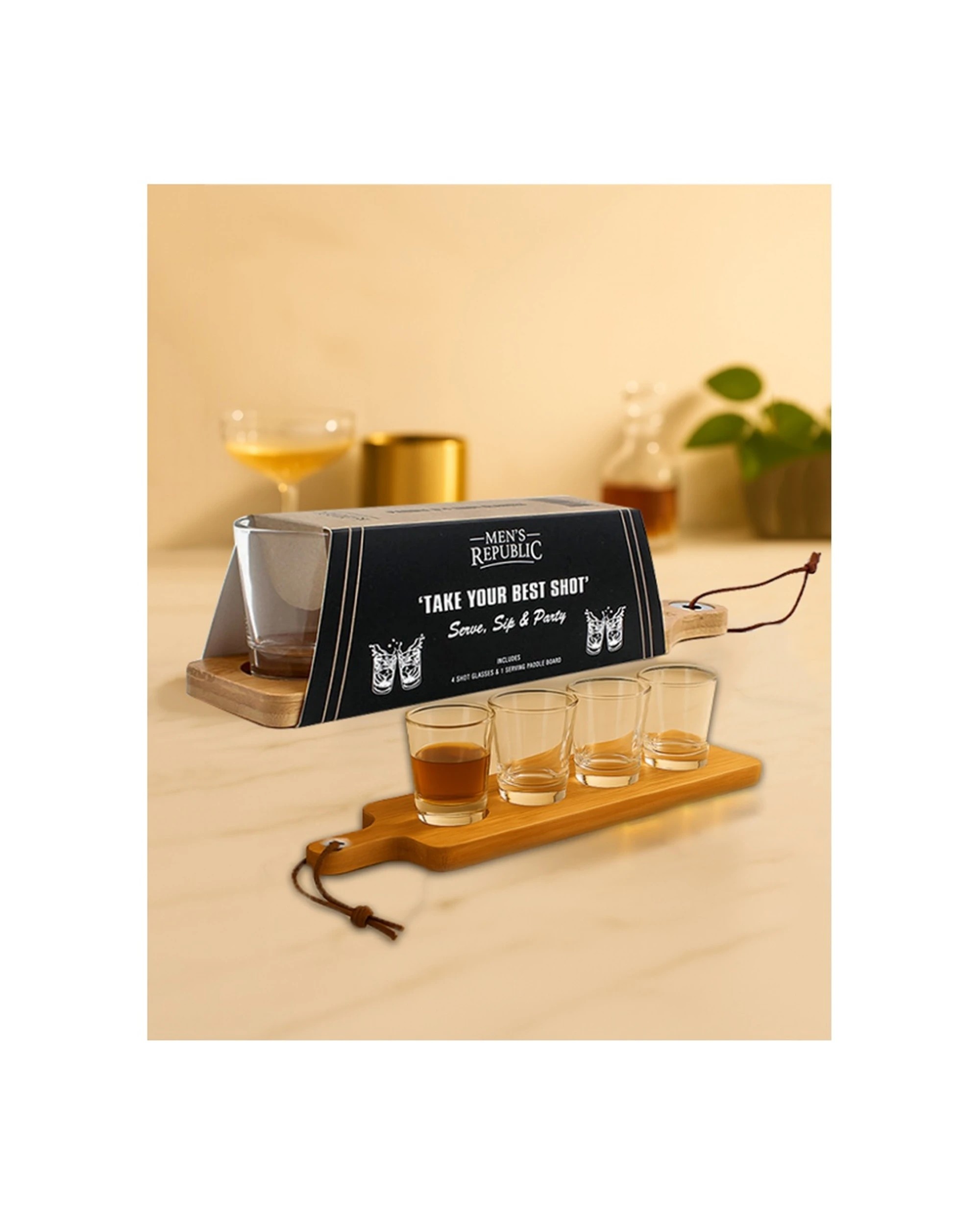 6 Mens Republic Paddle Board With 4 Shot Glasses Serving Set Wood Strap Compact Kitchenware - Multi, 6 of 6