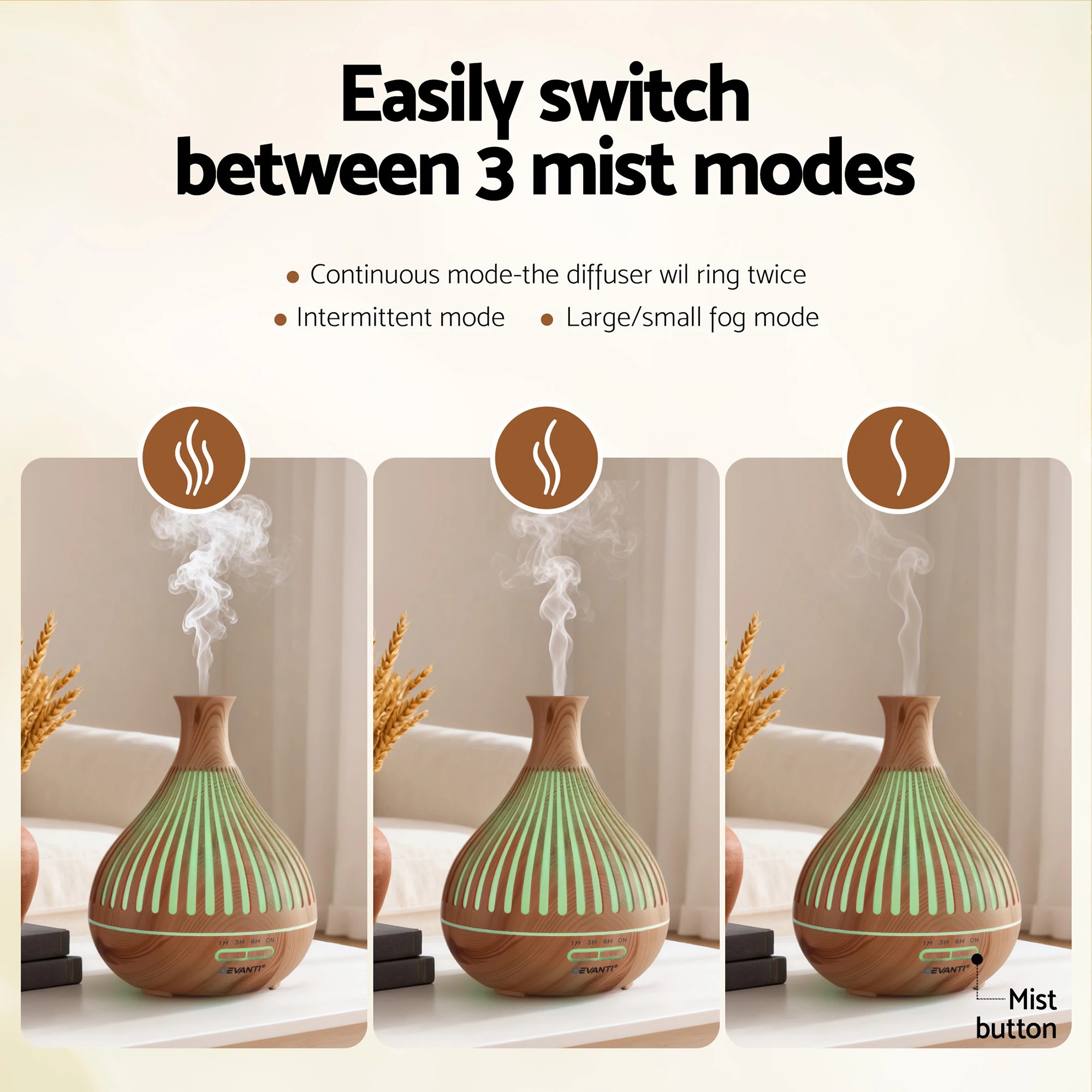 4 Devanti Ultrasonic Aroma Diffuser Aromatherapy 400ml LED Lights Iron Humidifier  Light wood grain - Natural, 4 of 9