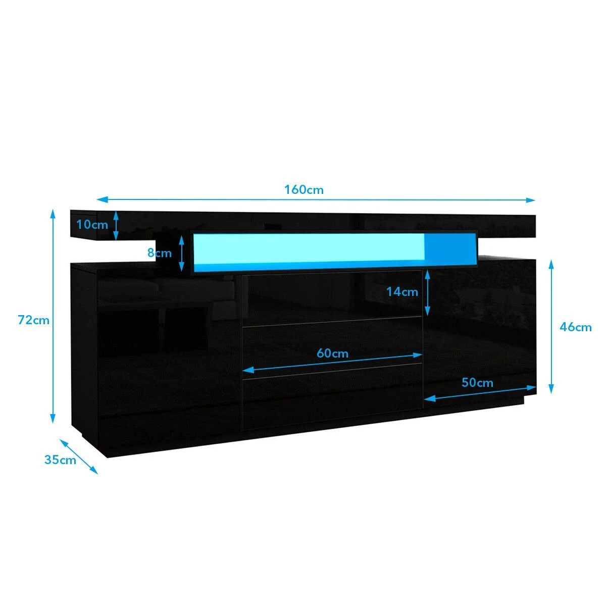 4 Ausway LED Sideboard TV Stand Cabinet Entertainment Unit Buffet Table High Gloss 3 Drawers, 4 of 7