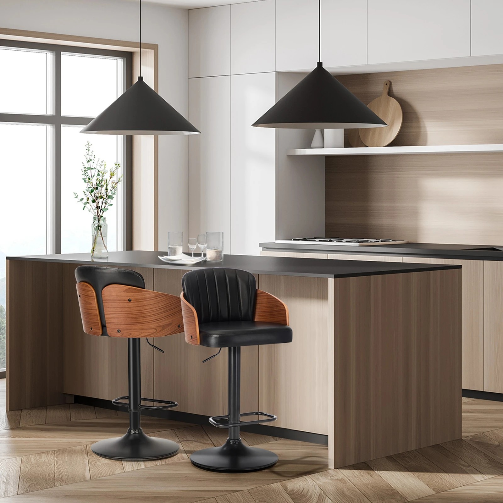 3 Oikiture 2x Bar Stools Adjustable Counter Height Stool Swivel Leather - Black, 3 of 9