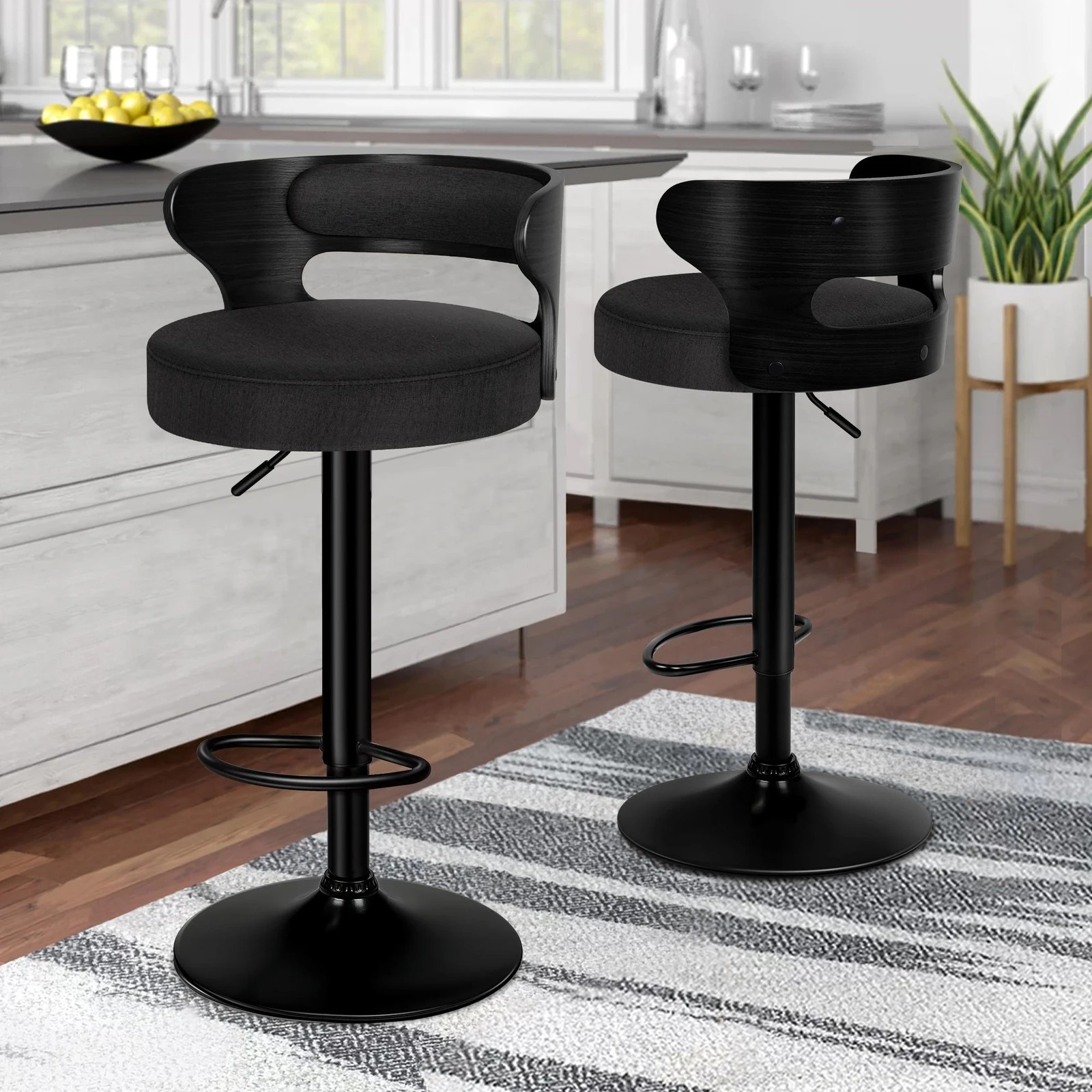 2 Alfordson 2x Bar Stool Kitchen Swivel Chair Wooden Linen Fabric Ramiro - Black, 2 of 9