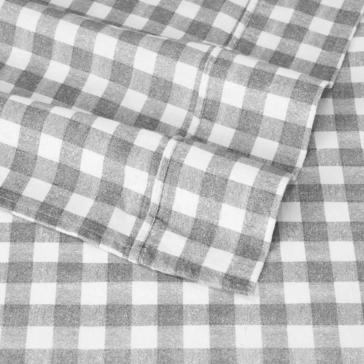 4 Gingham Cotton Flannelette Sheet Set - Queen Bed, Grey, 4 of 7