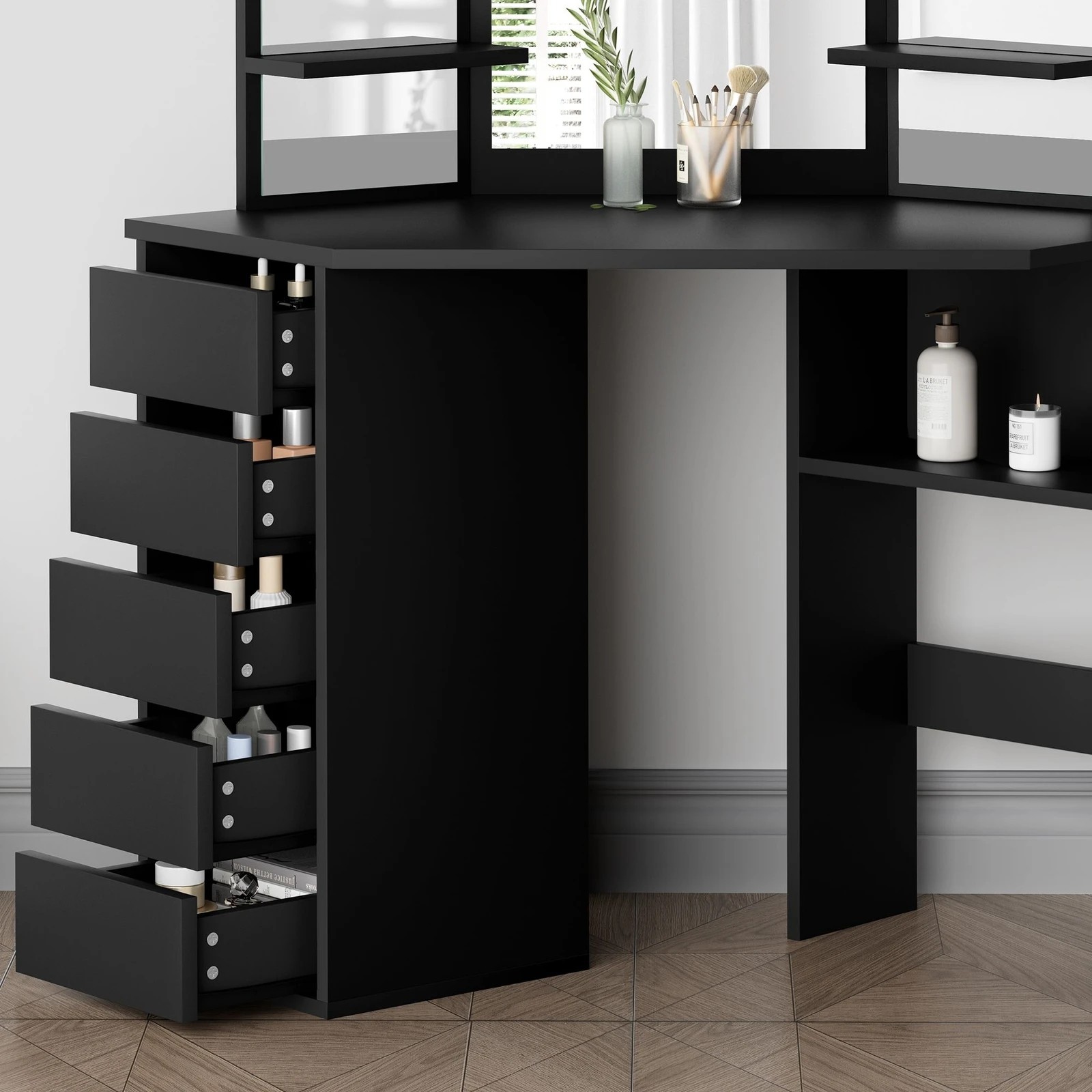 6 Alfordson Dressing Table Stool Set Makeup Tri-fold Mirror Vanity Desk - Black, 6 of 10