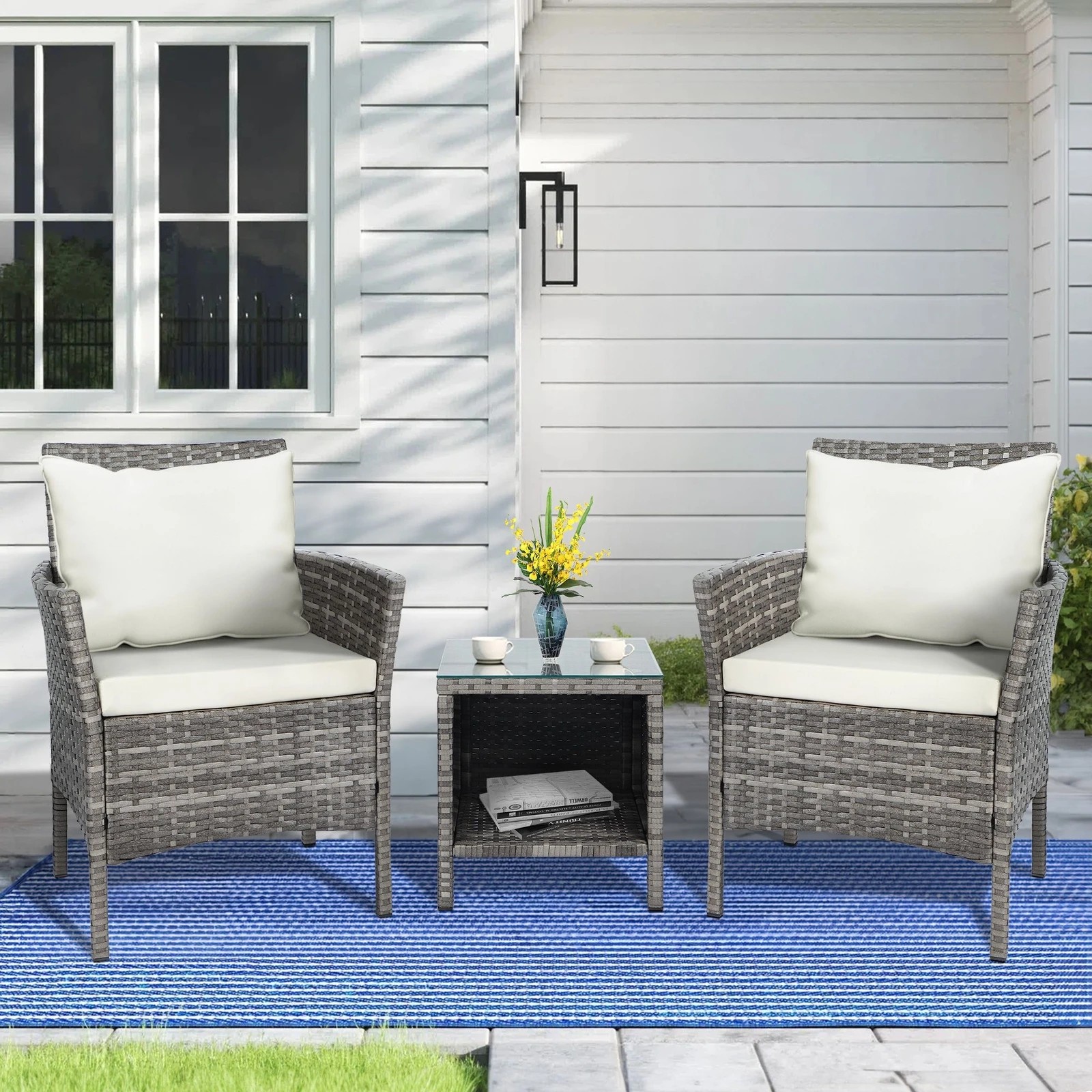 2 Alfordson Outdoor Furniture 3PCS Wicker Bistro Set Patio Chairs Table With Pillow - Grey, 2 of 8