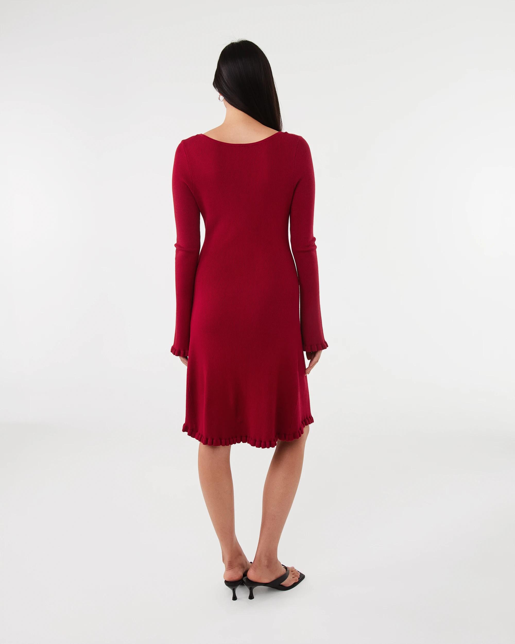 4 Long Sleeve True Knit Frill Detail Mini Dress Spice Red, 4 of 8