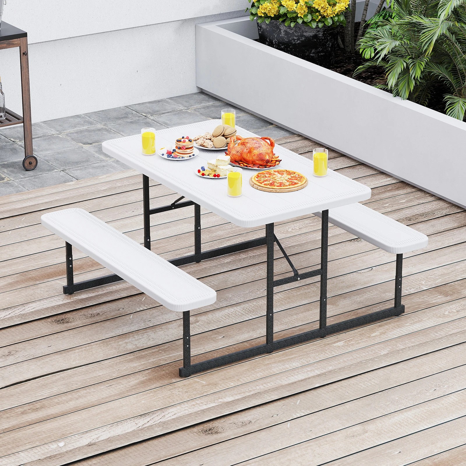 3 Costway 2-4 People Picnic Table Bench Set w/Umbrella Hole Outdoor Camping Table & Chairs - White, 3 of 3